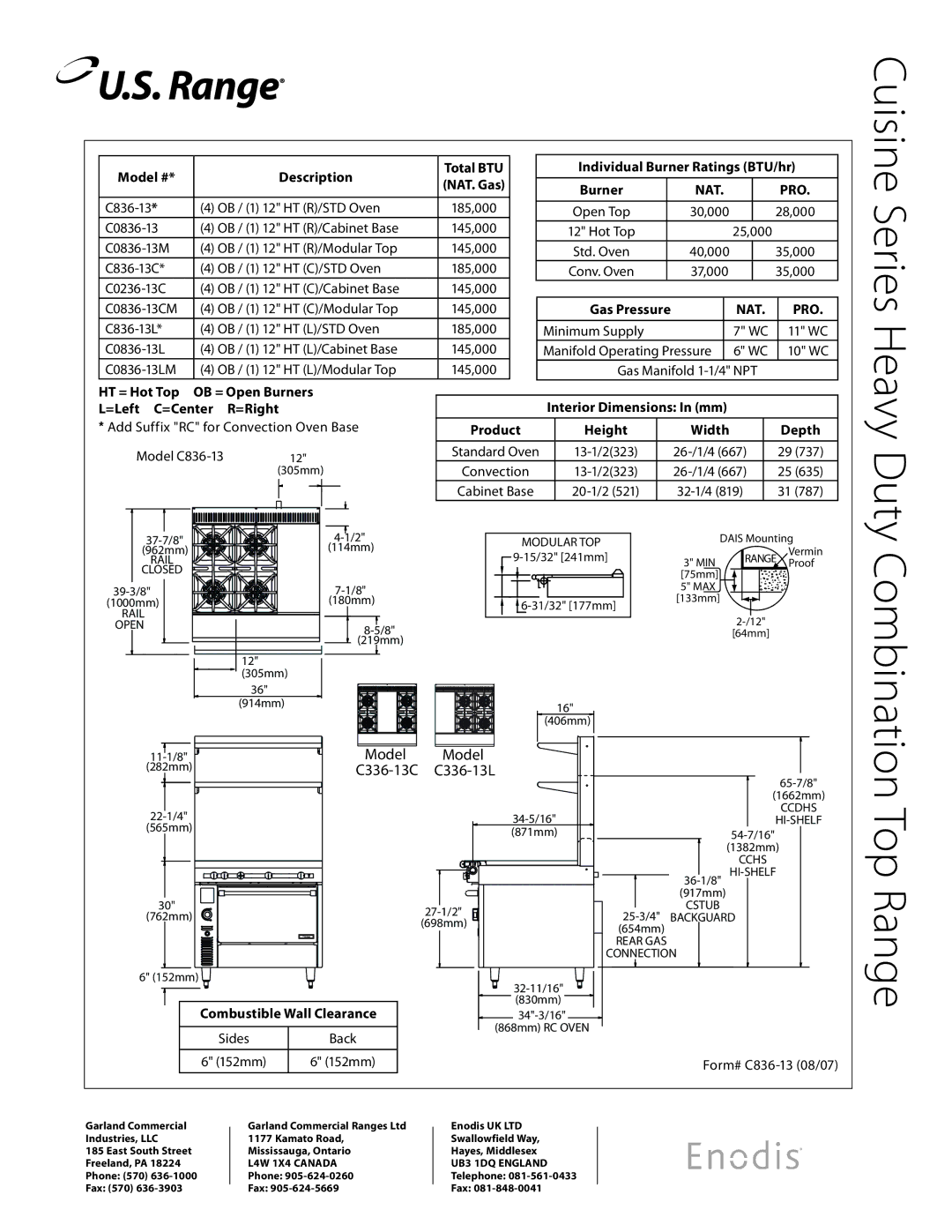 Garland C836-13C, C836-13L, C0836-13C, C0836-13M Cuisine Series Heavy Duty Combination Top Range, Model, C336-13C C336-13L 