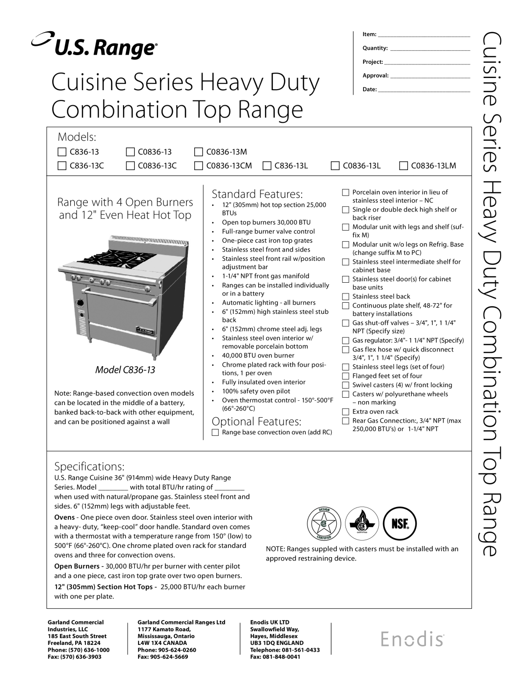 Garland specifications Combination Top Range,  C0836-13M,  C836-13C,  C0836-13CM  C836-13L, Models 