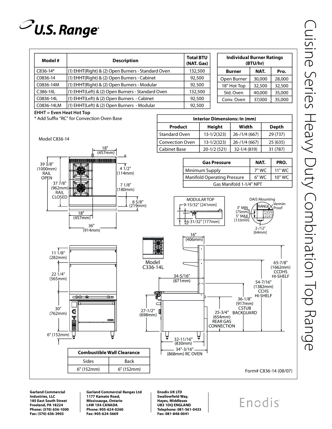 Garland C0836-14LM Cuisine Series Heavy Duty Combination Top Range, Ehht = Even Heat Hot Top, Combustible Wall Clearance 