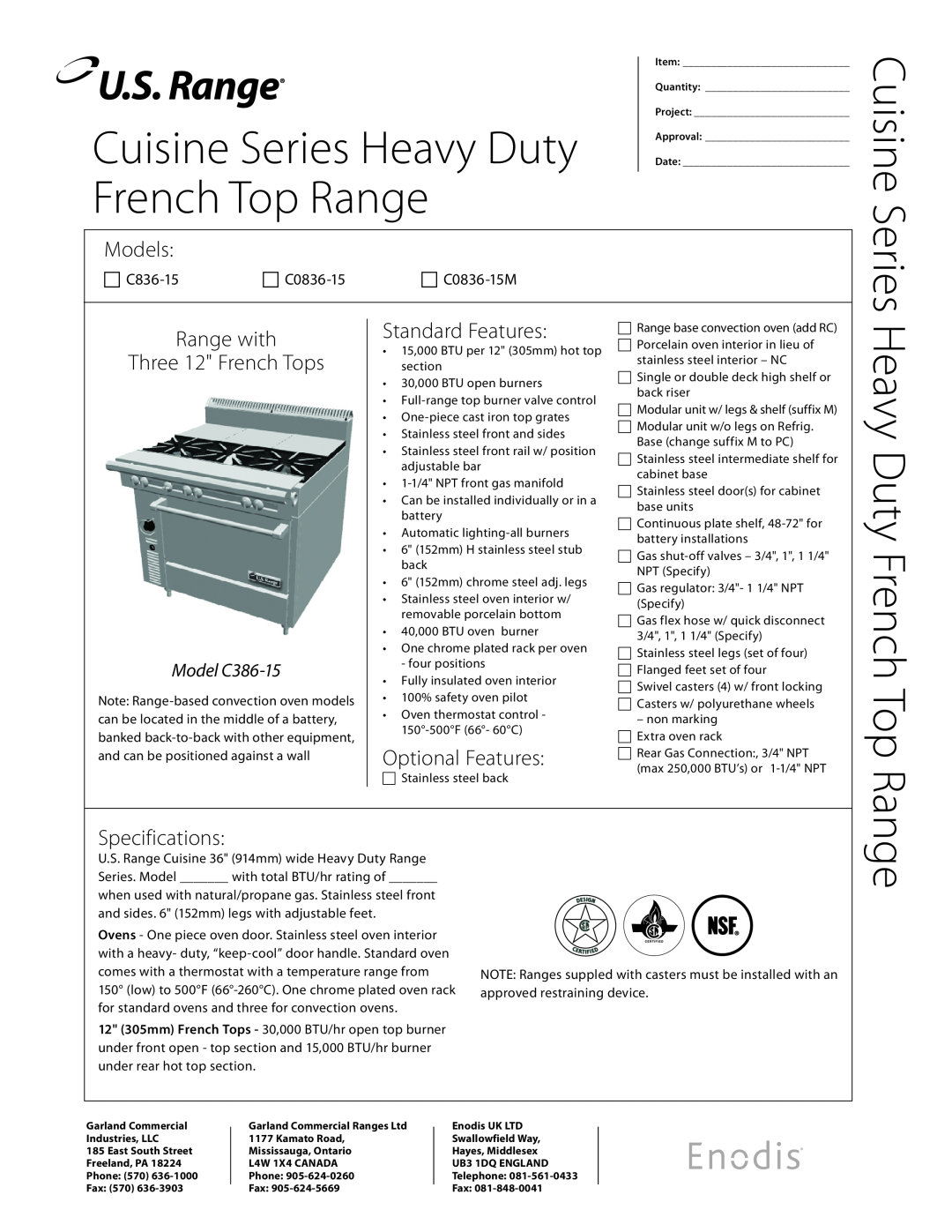 Garland C0836-15 specifications Cuisine Series Heavy Duty French Top Range, Models, Standard Features,  C836-15 