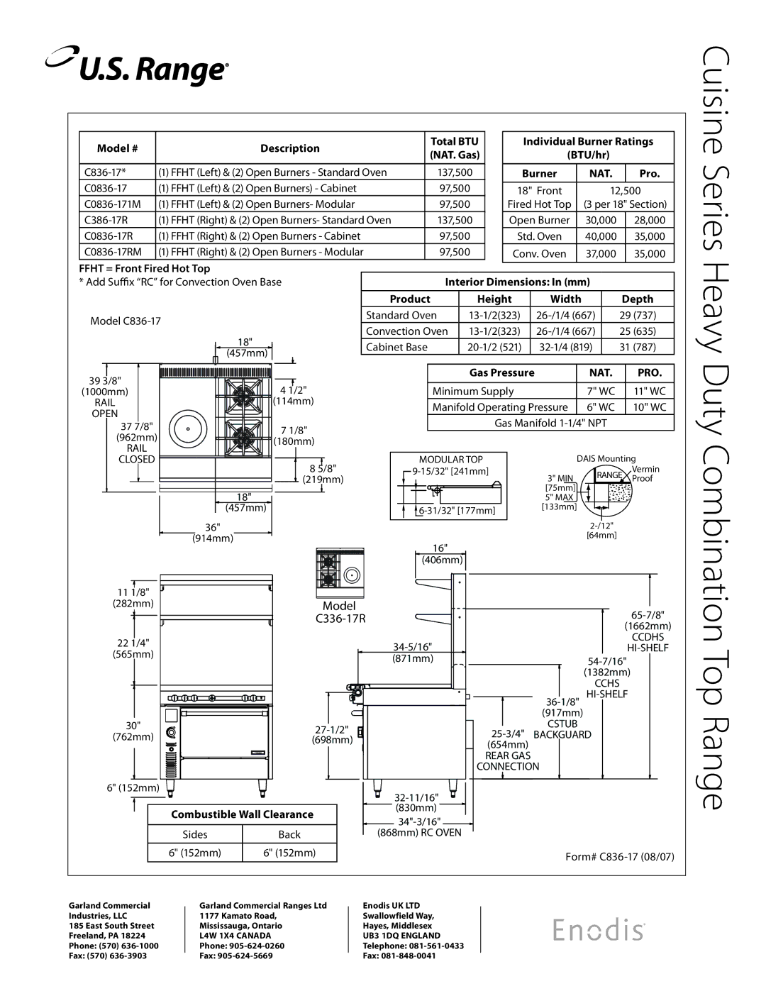 Garland C836-17R, C0836-17M, C0836-17RM specifications Cuisine Series Heavy Duty Combination Top Range, Nat, Pro 