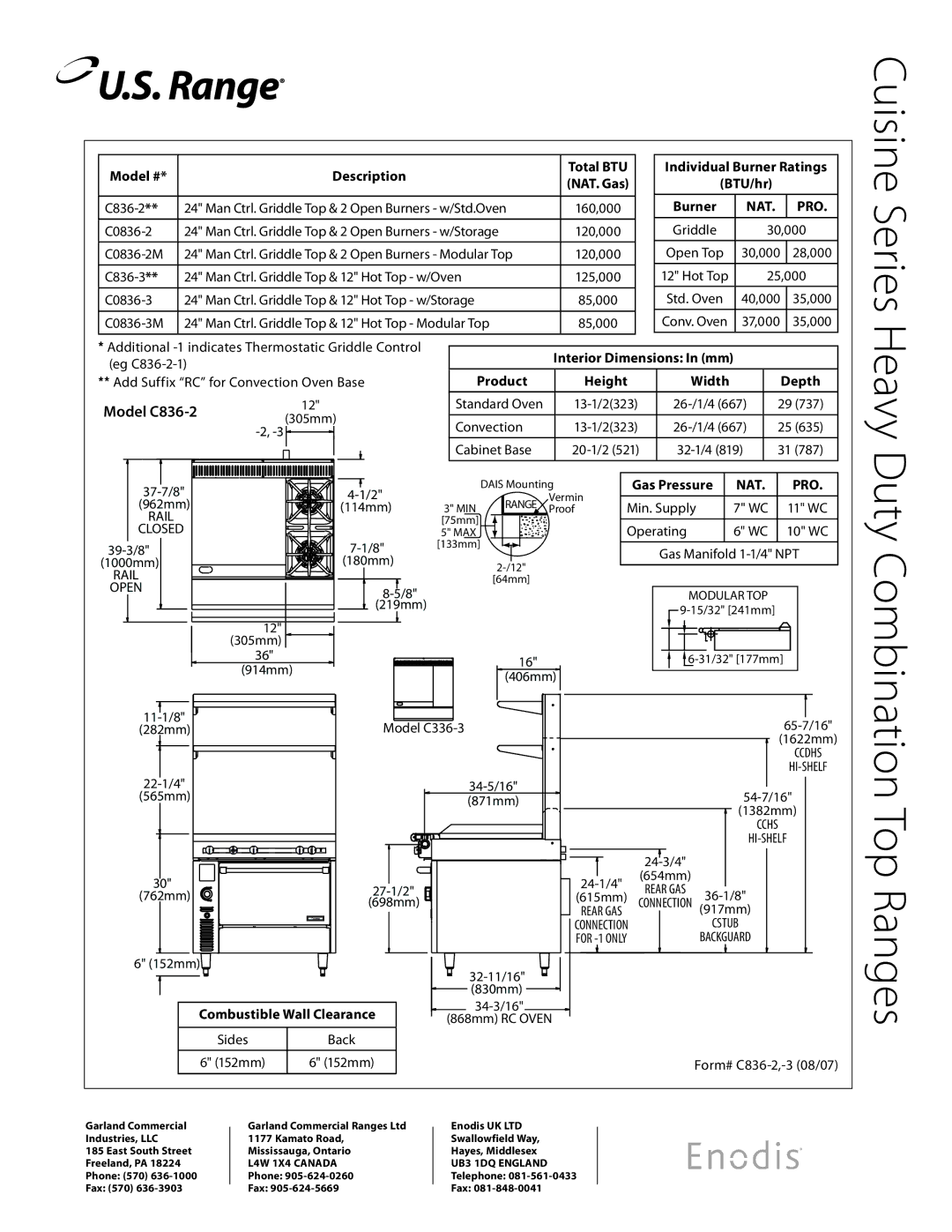 Garland C836-3-1, C836-2-1, C0836-3-1M, C0836-2M, C0836-2-1M specifications Nat Pro 