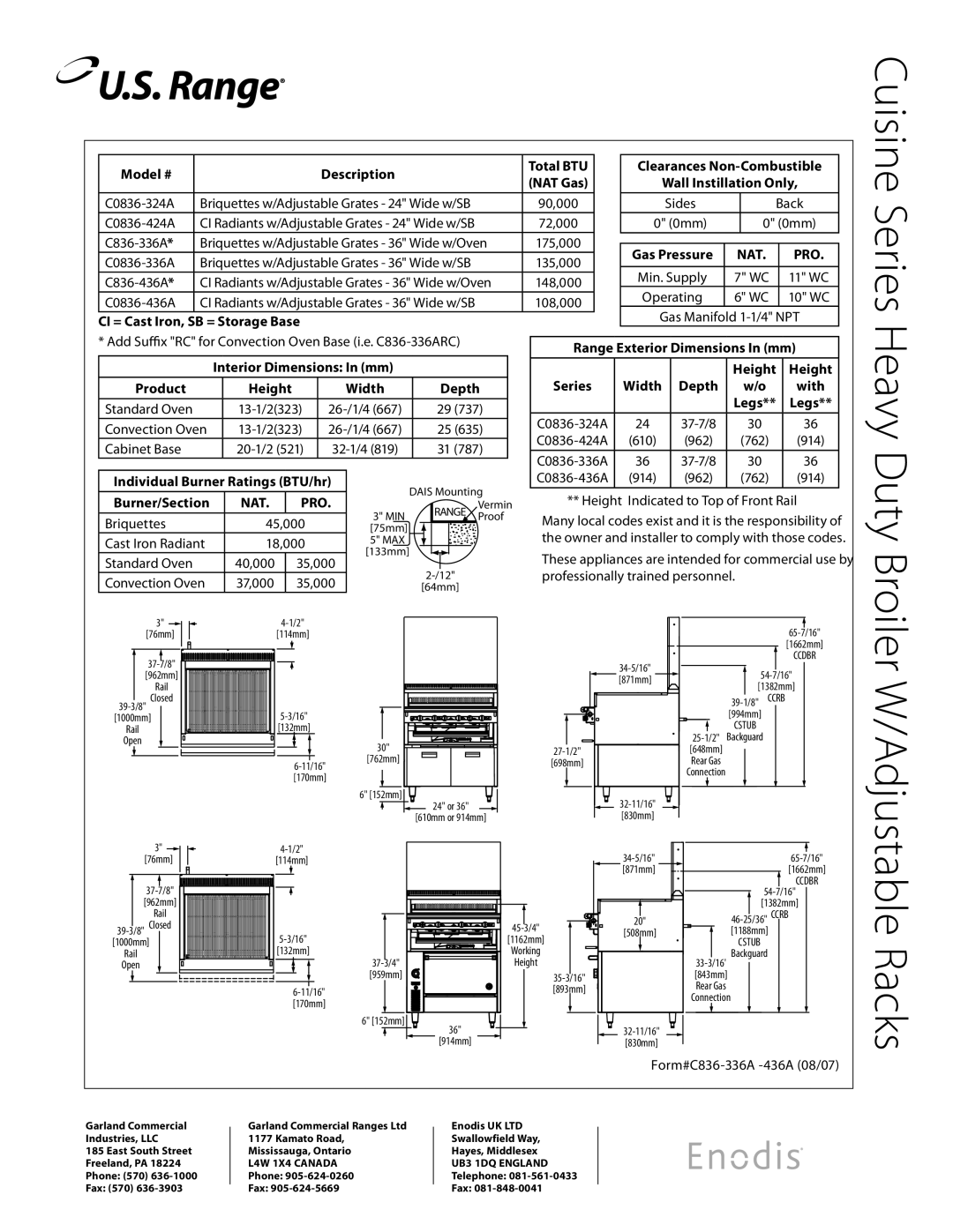 Garland C836-336A Model # Description Total BTU NAT Gas, Range Exterior Dimensions In mm, Height Width Depth, Legs 