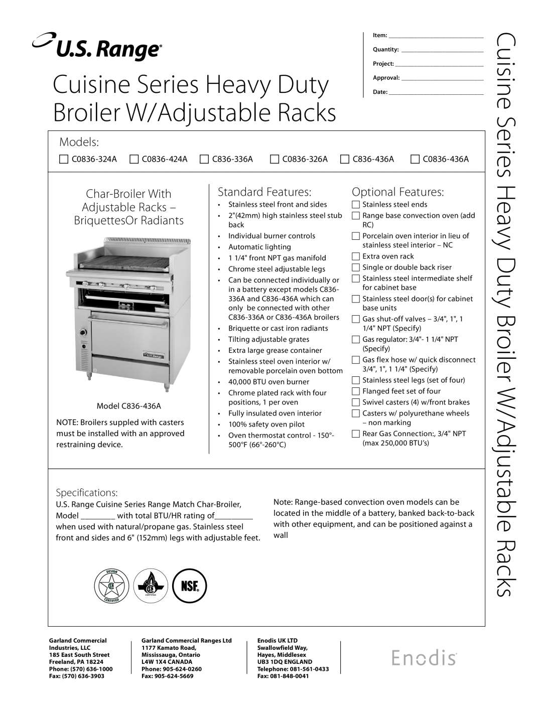 Garland C0836-436A specifications Cuisine Series Heavy Duty, Broiler W/Adjustable Racks, Heavy Duty Broiler W/Adjustable 
