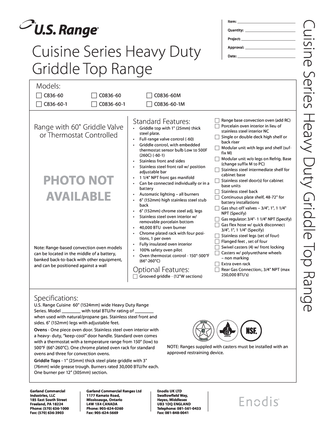Garland specifications Cuisine,  C0836-60M,  C836-60-1,  C0836-60-1, Heavy Duty Griddle Top Range, Series 