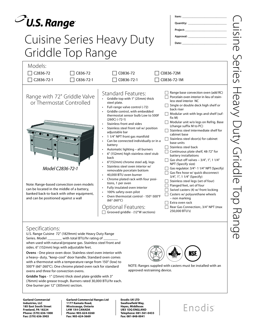 Garland C2836-72-1 specifications Range with 72 Griddle Valve, Griddle Top Range, Cuisine Series, Models, Specifications 
