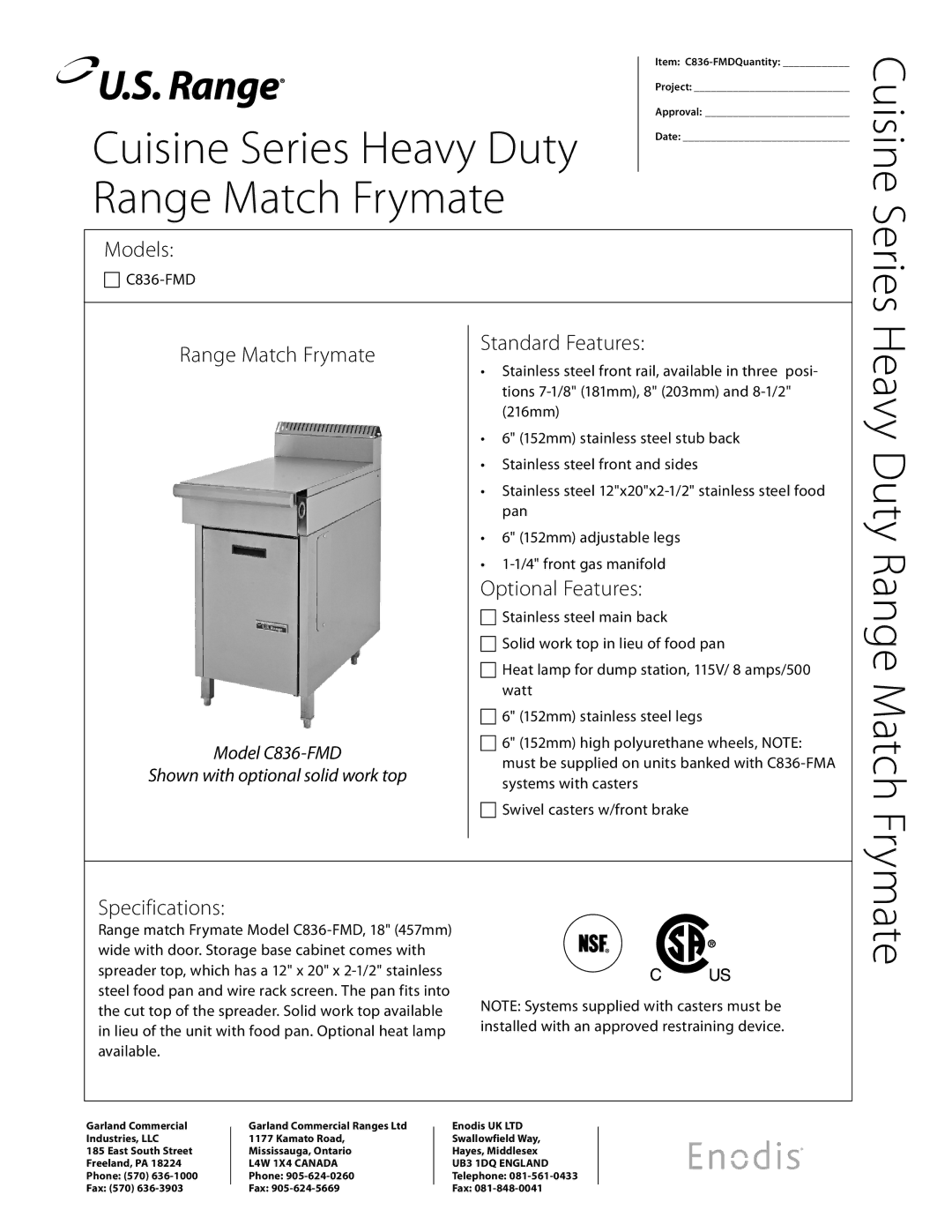 Garland C836-FMD specifications Cuisine Series Heavy Duty, Range Match Frymate Cuisine 