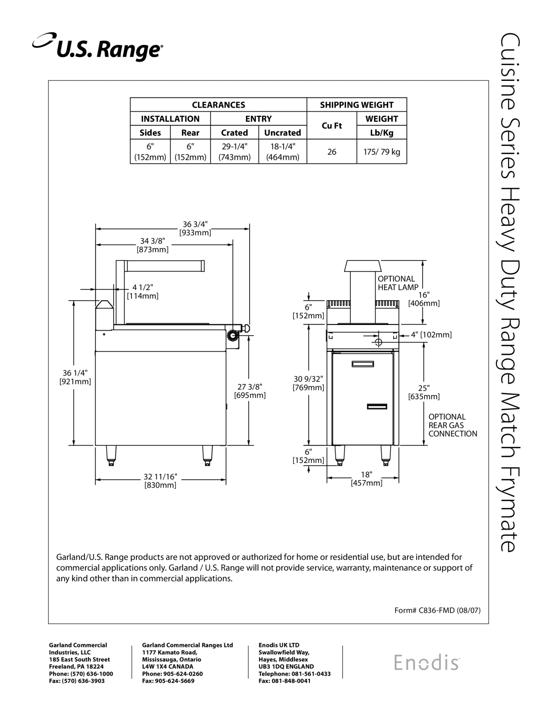 Garland specifications Match Frymate, Duty Range, 30 9/32, Form# C836-FMD 08/07 