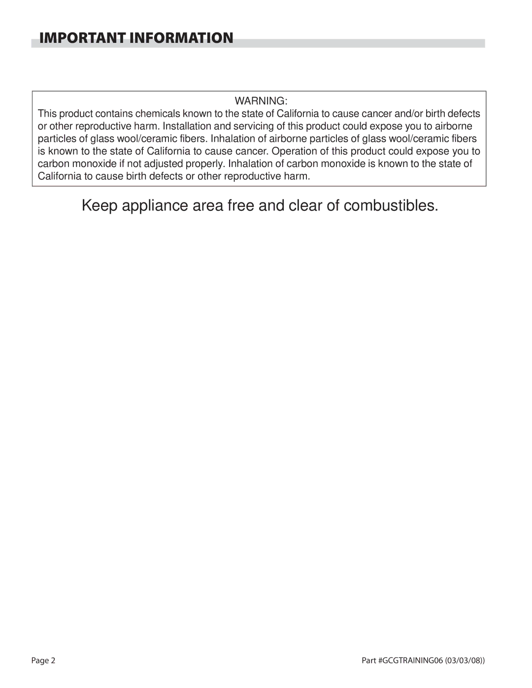 Garland CG-48, CG-24, CG-36, CG-72, CG-60 Important Information, Keep appliance area free and clear of combustibles 