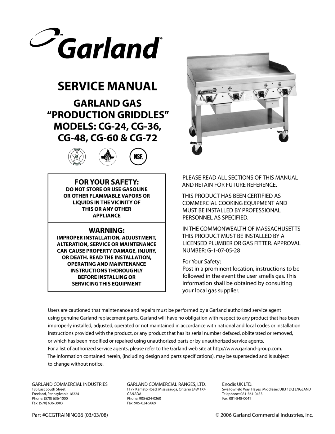 Garland CG-36, CG-24, CG-48, CG-72, CG-60 service manual Garland Gas, For Your Safety, This Or Any Other Appliance 