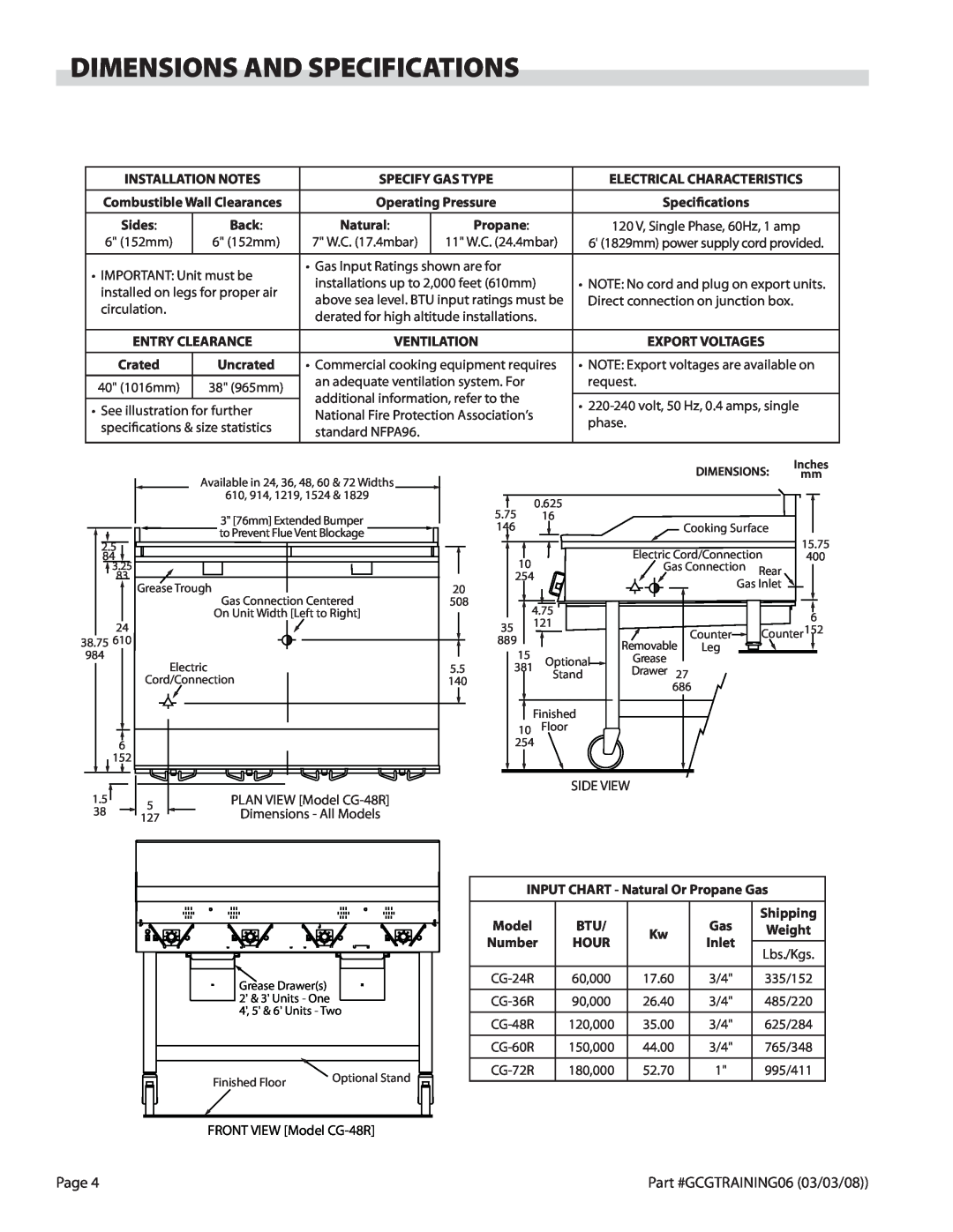Garland CG-60, CG-24, CG-36, CG-48, CG-72 service manual Dimensions And Specifications 