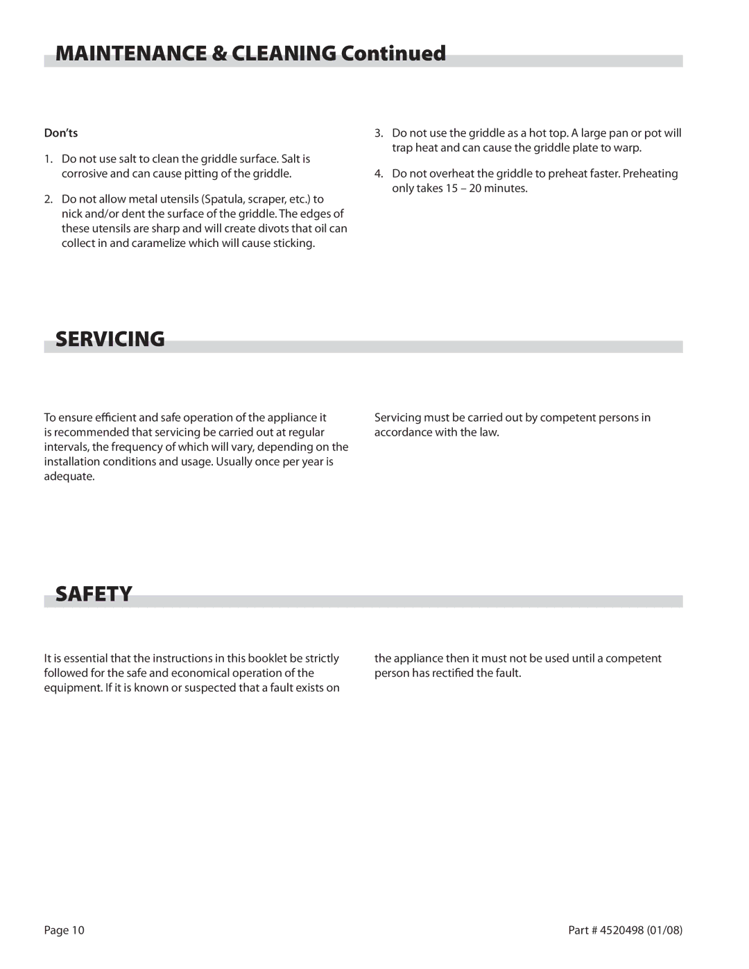 Garland CG-48F, CG-72F, CG-60F operation manual Maintenance & Cleaning, Servicing, Safety, Don’ts 