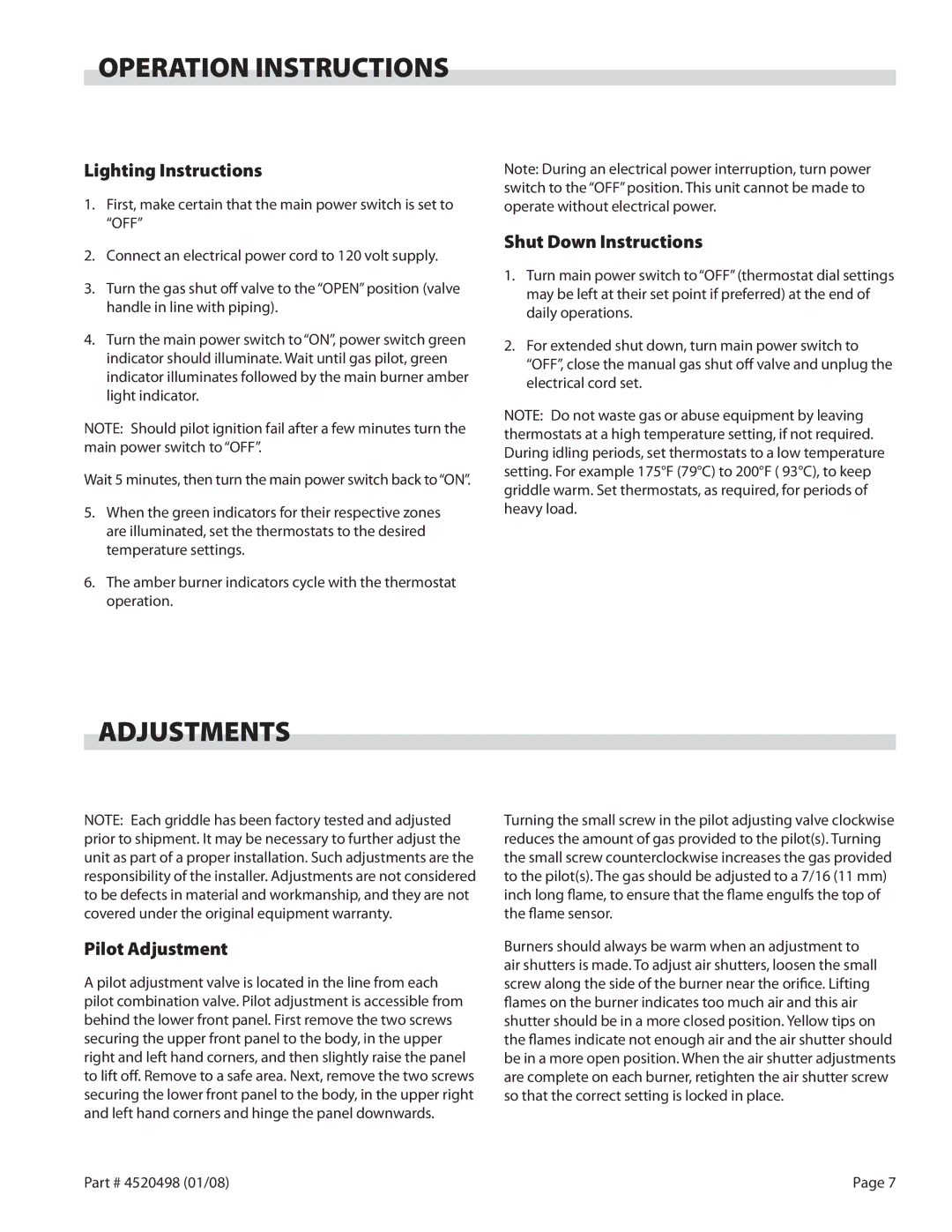 Garland CG-48F Operation Instructions, Adjustments, Lighting Instructions, Shut Down Instructions, Pilot Adjustment 