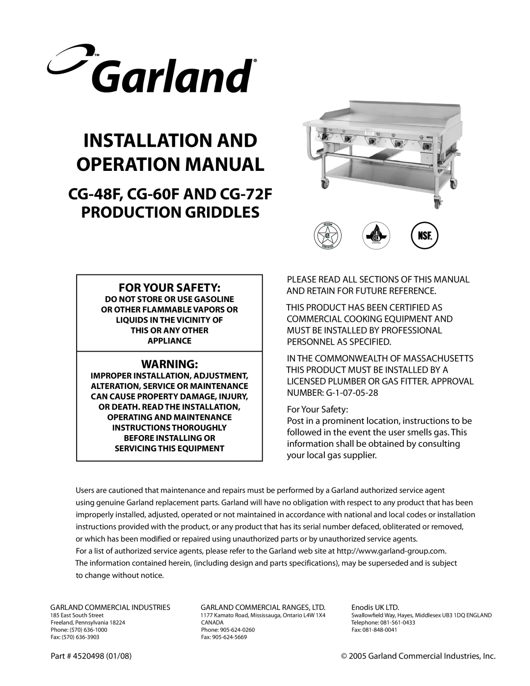 Garland operation manual CG-48F, CG-60F AND CG-72F PRODUCTION GRIDDLES, For Your Safety, This Or Any Other Appliance 