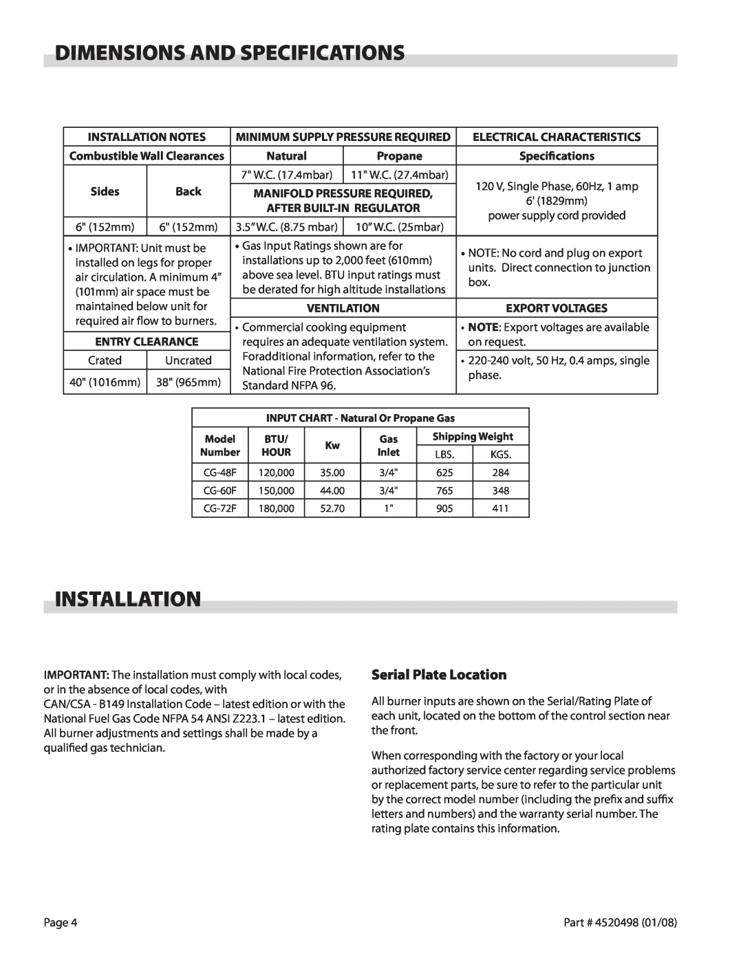 Garland CG-48F, CG-72F, CG-60F operation manual Dimensions And Specifications, Installation Notes, Natural, Sides, Back 