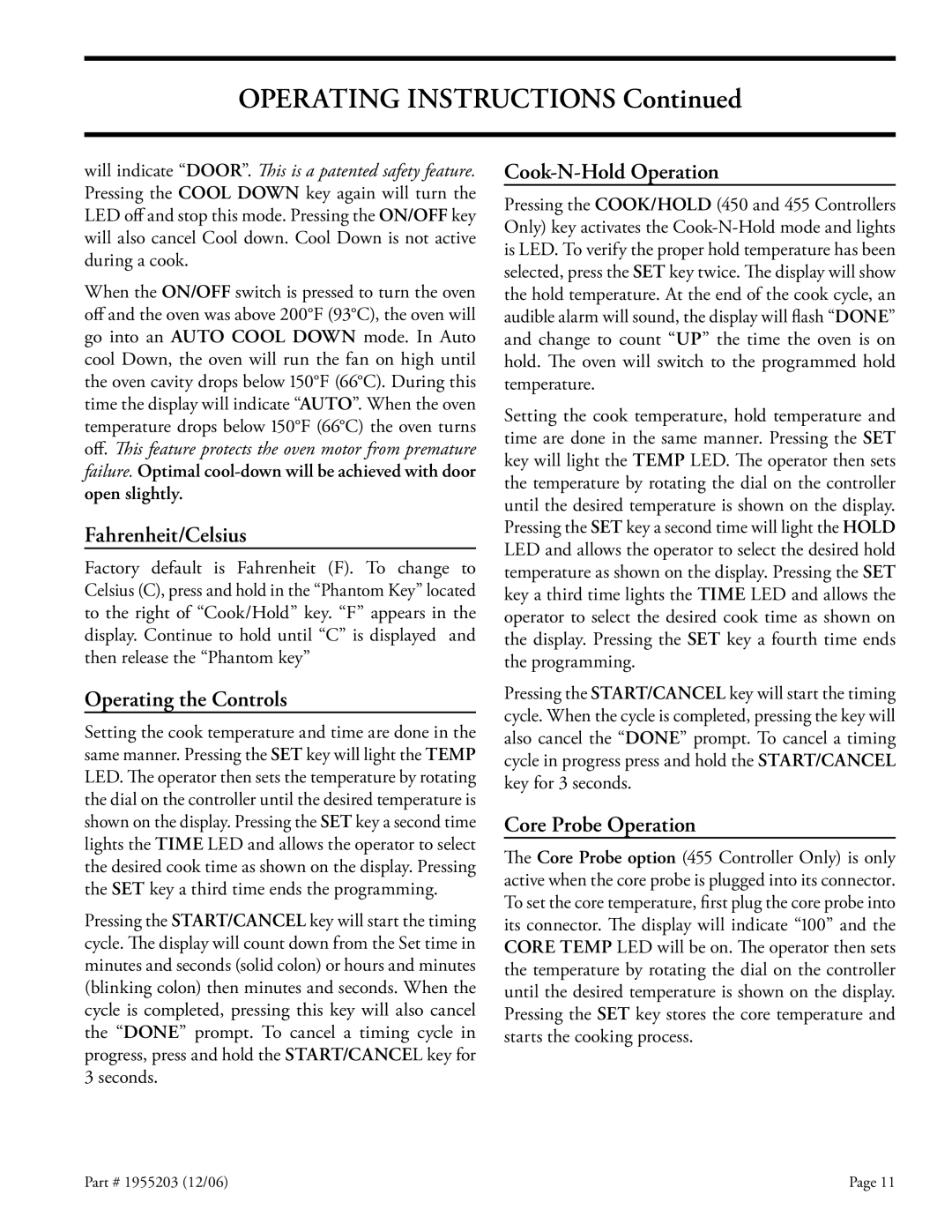 Garland Convection Microwave Oven Fahrenheit/Celsius, Operating the Controls, Cook-N-Hold Operation, Core Probe Operation 