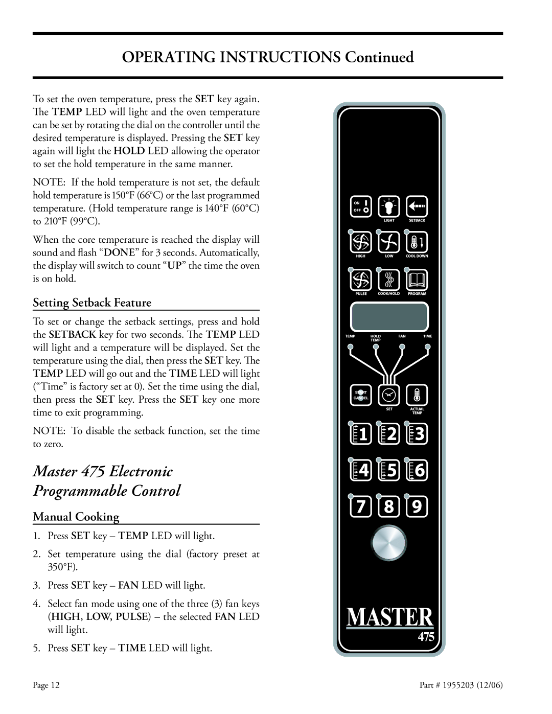 Garland Convection Microwave Oven installation instructions Setting Setback Feature, Manual Cooking 