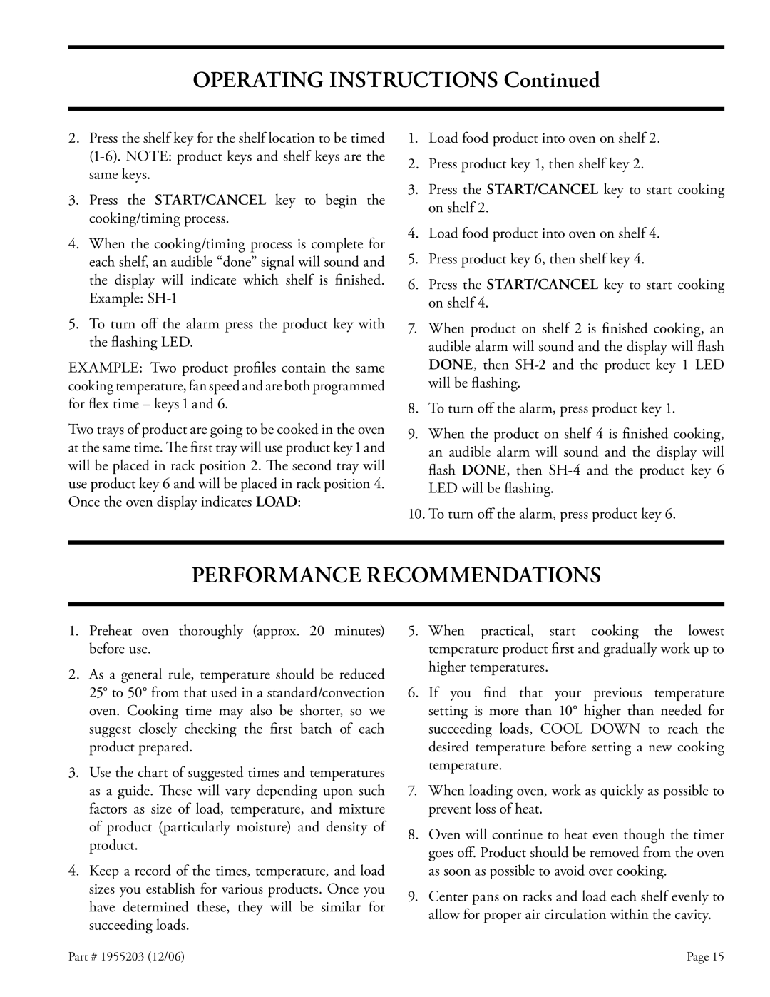 Garland Convection Microwave Oven Performance Recommendations, Preheat oven thoroughly approx minutes before use 