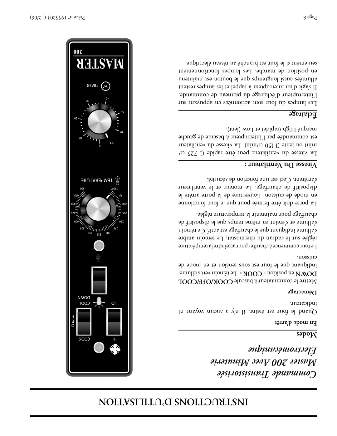 Garland Convection Microwave Oven ’UTILISATION Instructions, Éclairage, Ventilateur Du Vitesse, Démarrage 