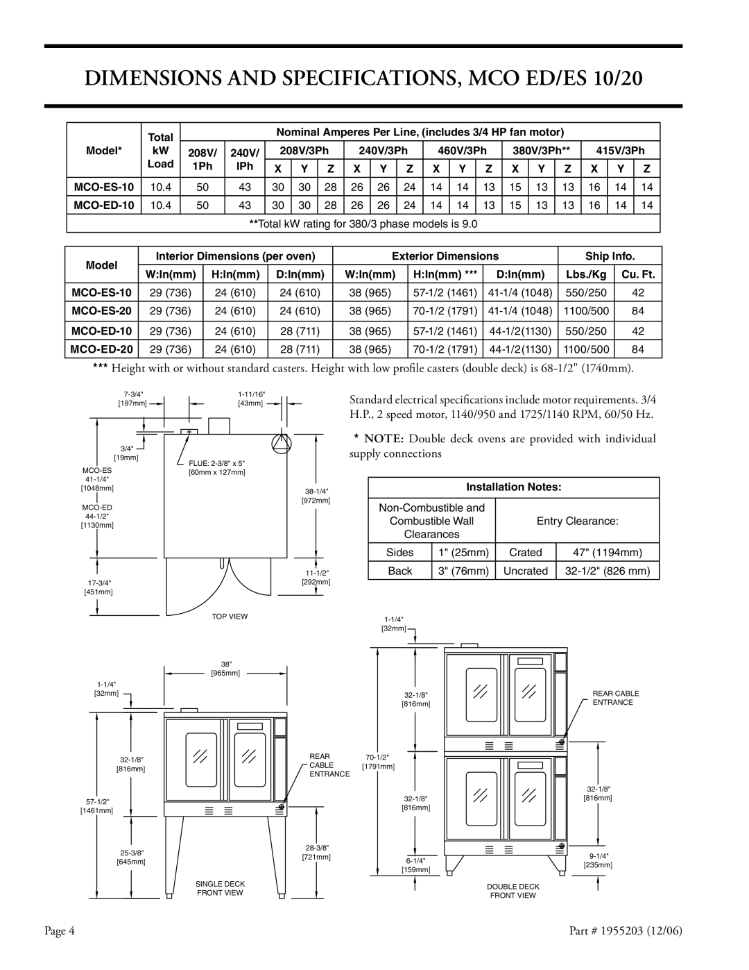 Garland Convection Microwave Oven installation instructions Dimensions and SPECIFICATIONS, MCO ED/ES 10/20, MCO-ED-10 