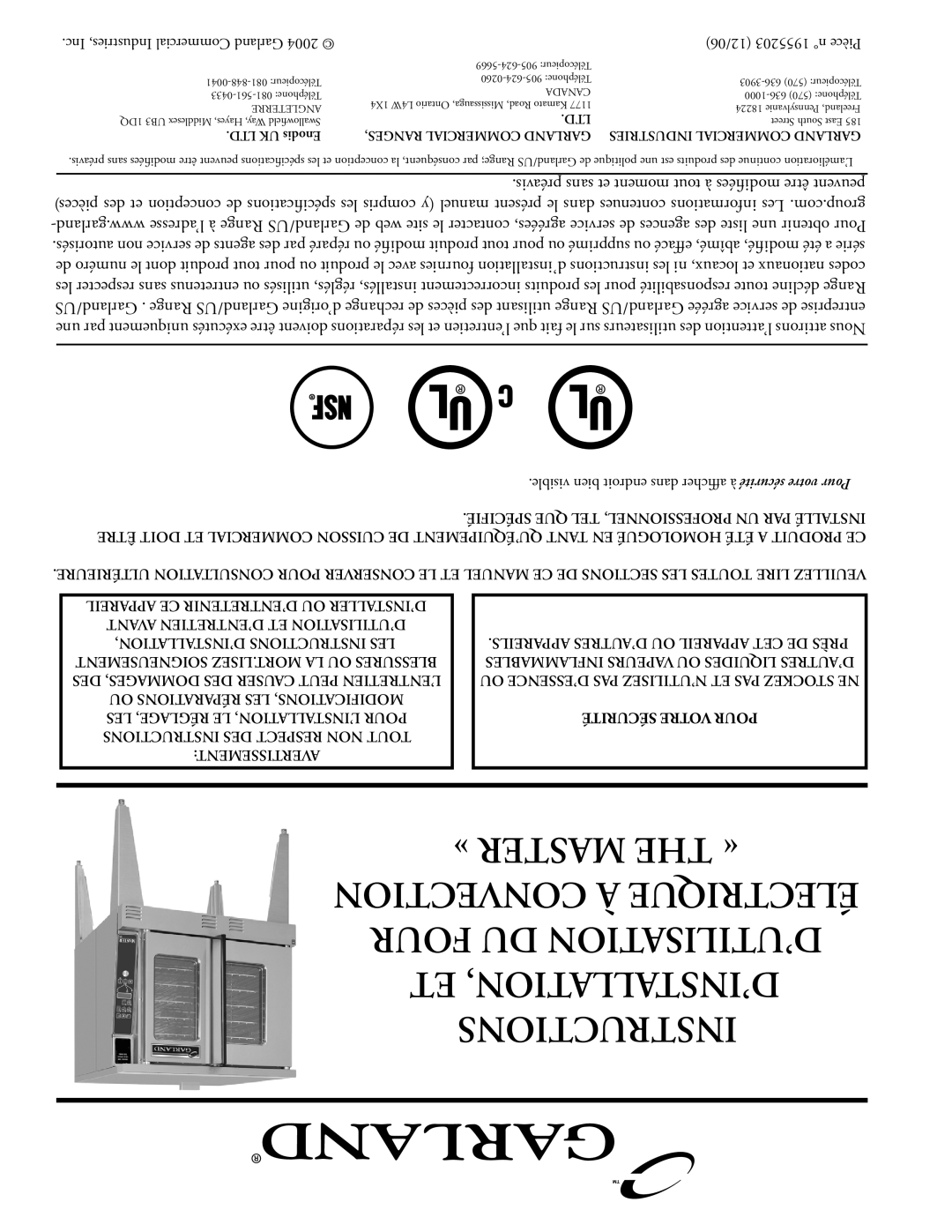 Garland Convection Microwave Oven installation instructions Inc Industries, Commercial Garland 