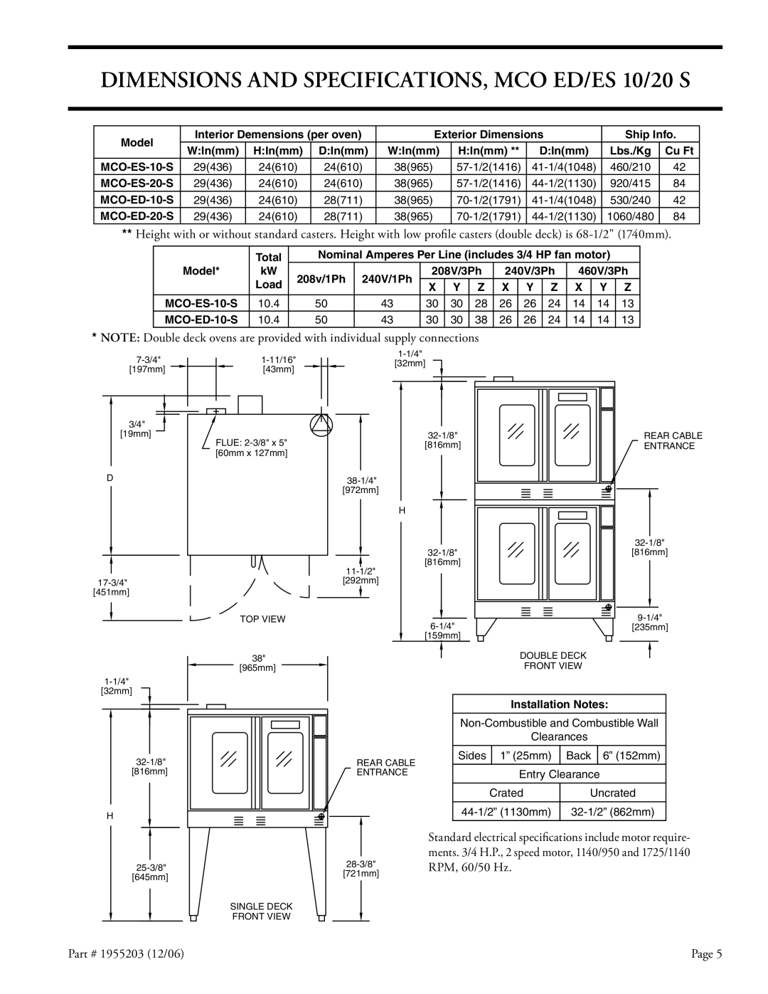 Garland Convection Microwave Oven installation instructions Dimensions and SPECIFICATIONS, MCO ED/ES 10/20 S, 44-1/2 1130mm 