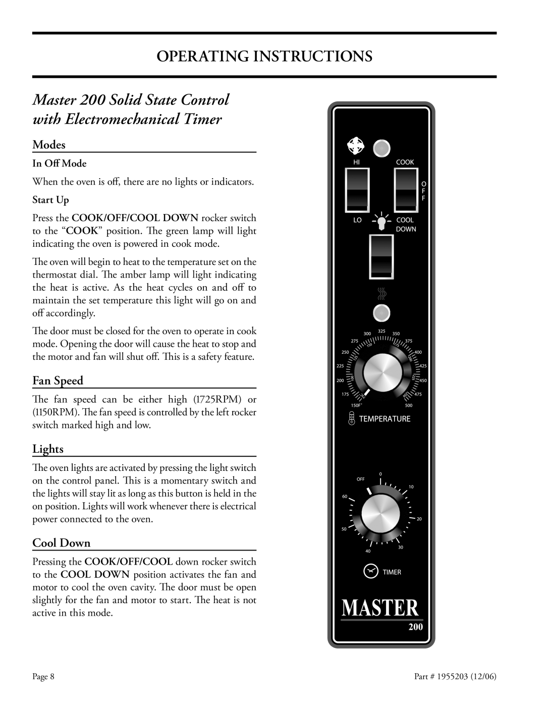 Garland Convection Microwave Oven installation instructions Operating Instructions, Modes, Fan Speed, Lights, Cool Down 