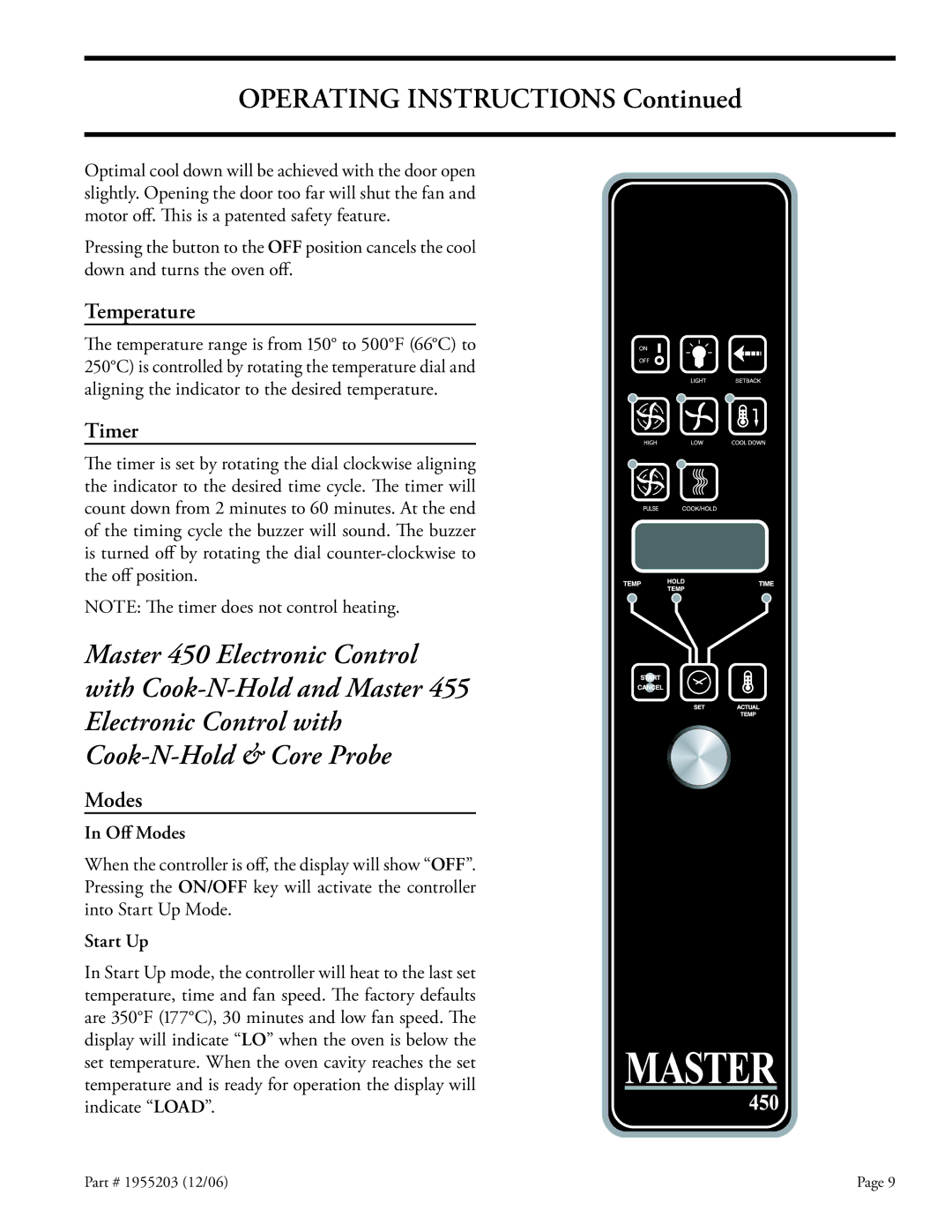 Garland Convection Microwave Oven installation instructions Operating Instructions, Temperature, Timer, Oﬀ Modes 