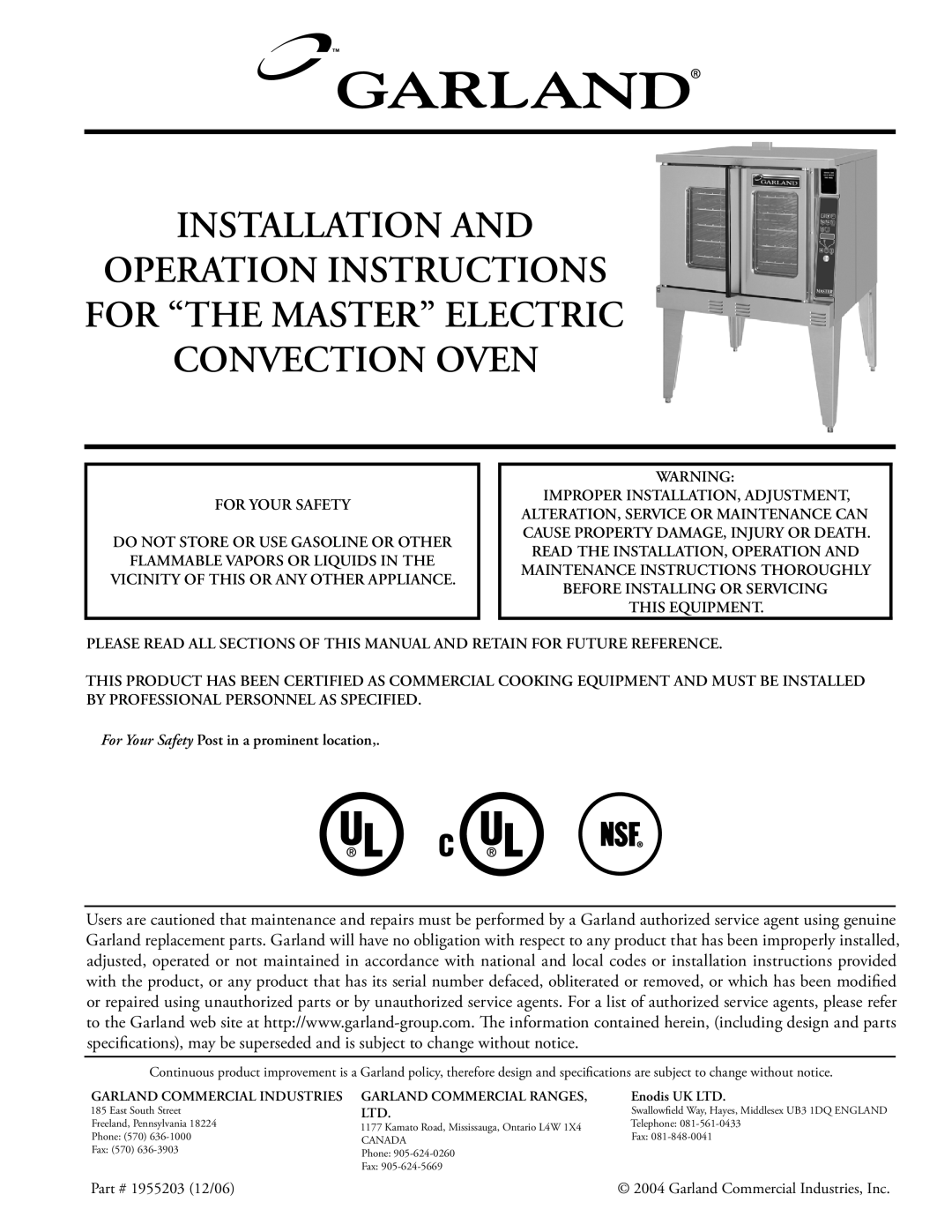 Garland Convection Microwave Oven installation instructions Installation And 
