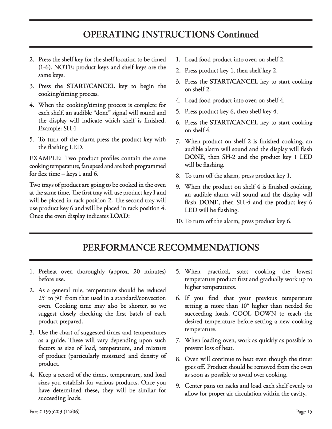 Garland Convection Microwave Oven installation instructions Performance Recommendations, OPERATING INSTRUCTIONS Continued 