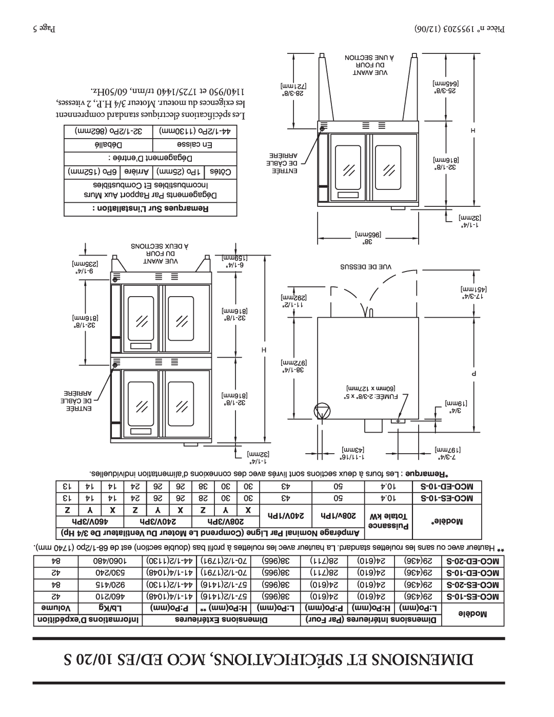 Garland Convection Microwave Oven installation instructions S 10/20 ED/ES MCO SPÉCIFICATIONS, ET DIMENSIONS, Page 