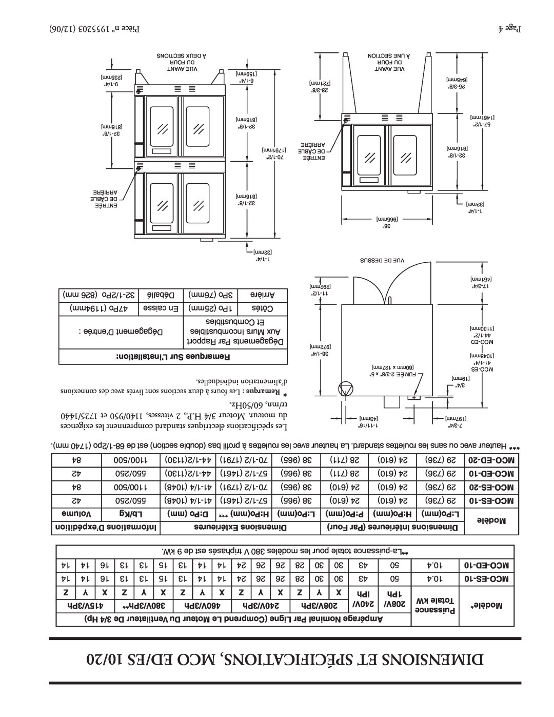 Garland Convection Microwave Oven installation instructions 10/20 ED/ES MCO SPÉCIFICATIONS, ET DIMENSIONS, 60/50Hz tr/mn 
