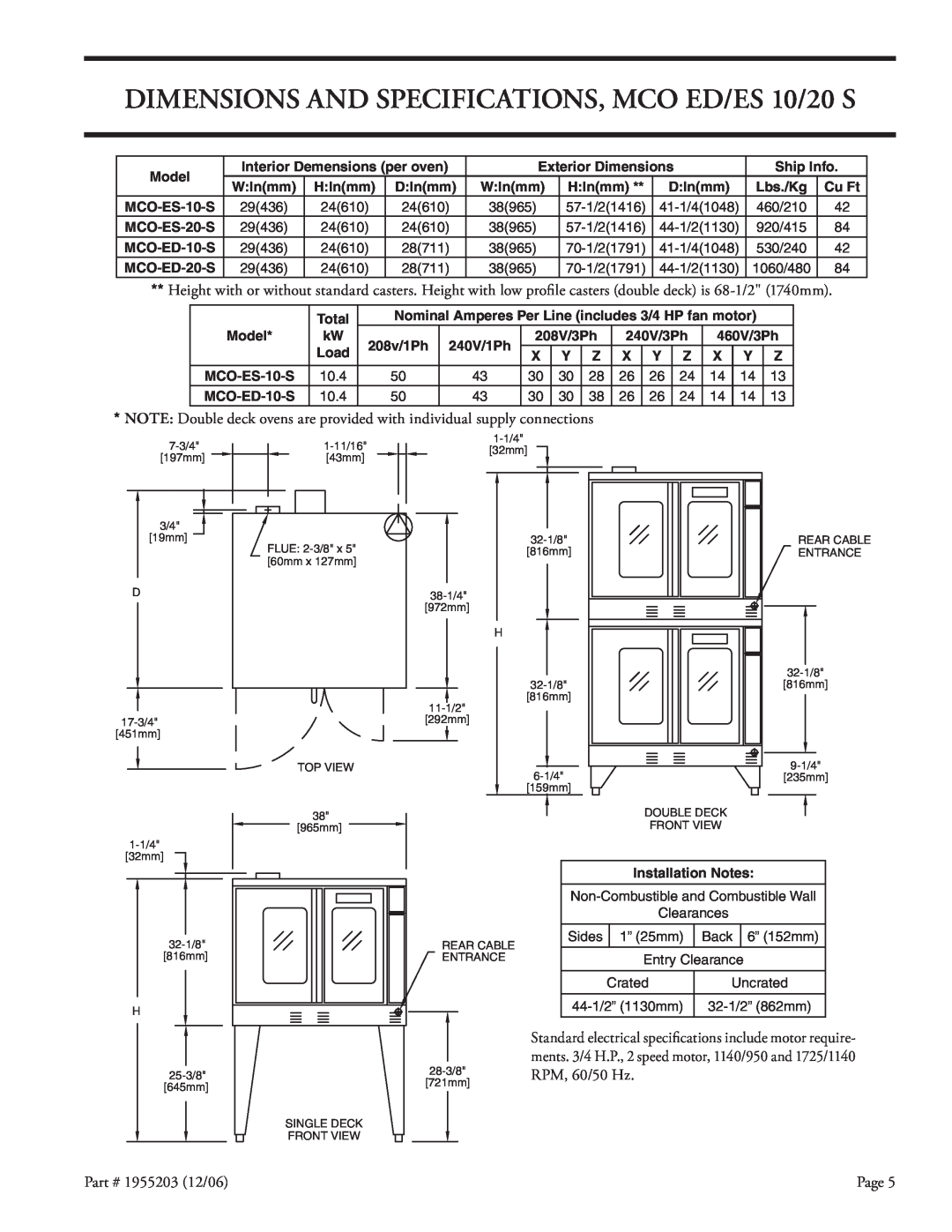 Garland Convection Microwave Oven installation instructions DIMENSIONS AND SPECIFICATIONS, MCO ED/ES 10/20 S, RPM, 60/50 Hz 