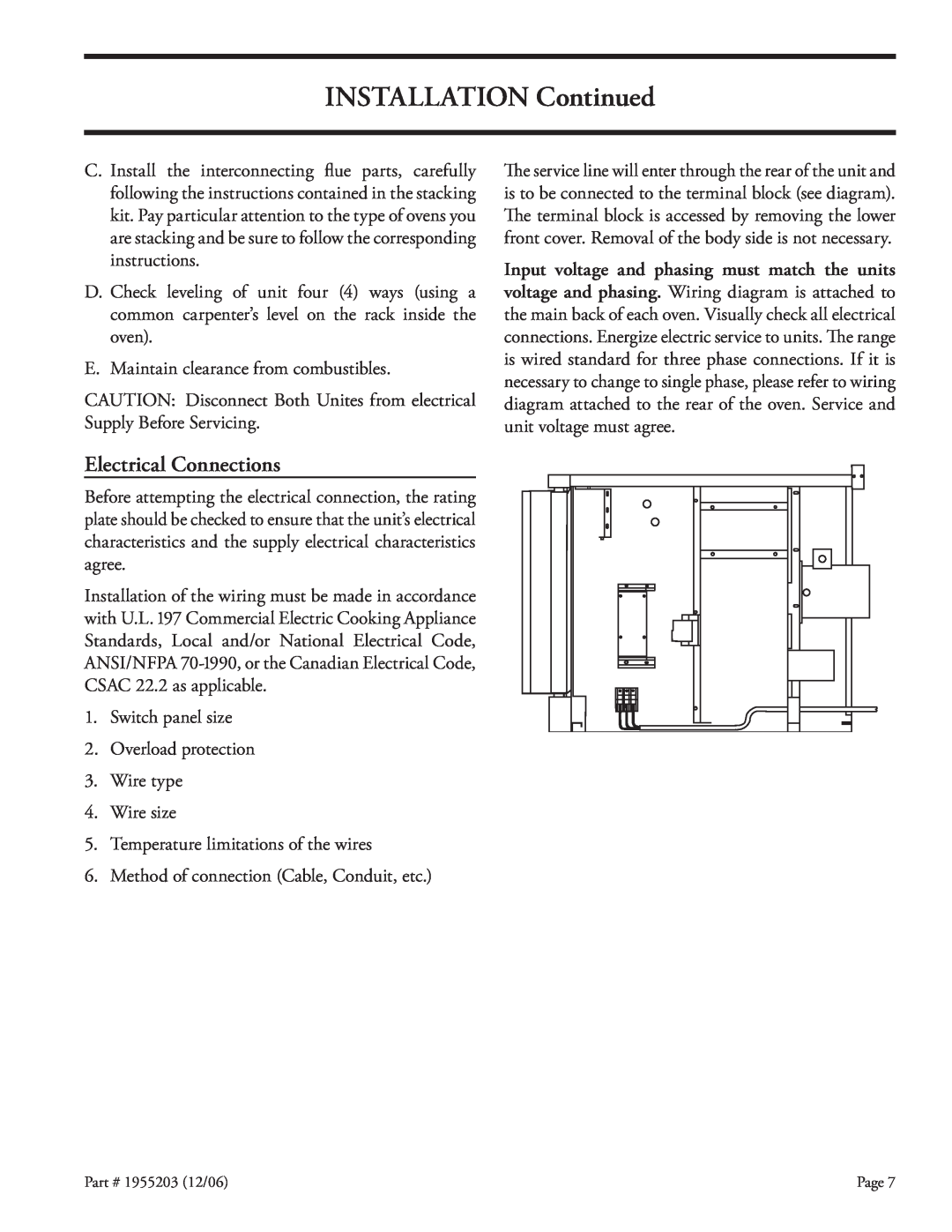 Garland Convection Microwave Oven installation instructions INSTALLATION Continued, Electrical Connections 