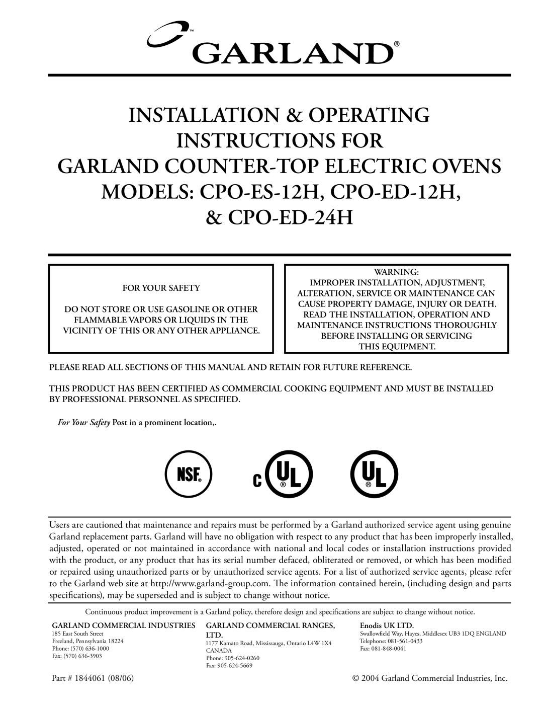 Garland CPO-ED-12H, CPO-ED-24H, CPO-ES-12H installation instructions Installation & Operating Instructions for 