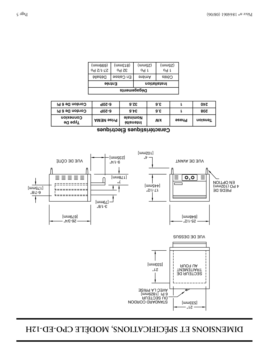 Garland CPO-ED-12H, CPO-ED-24H, CPO-ES-12H installation instructions 12H-ED-CPO Modèle SPÉCIFICATIONS, ET Dimensions 