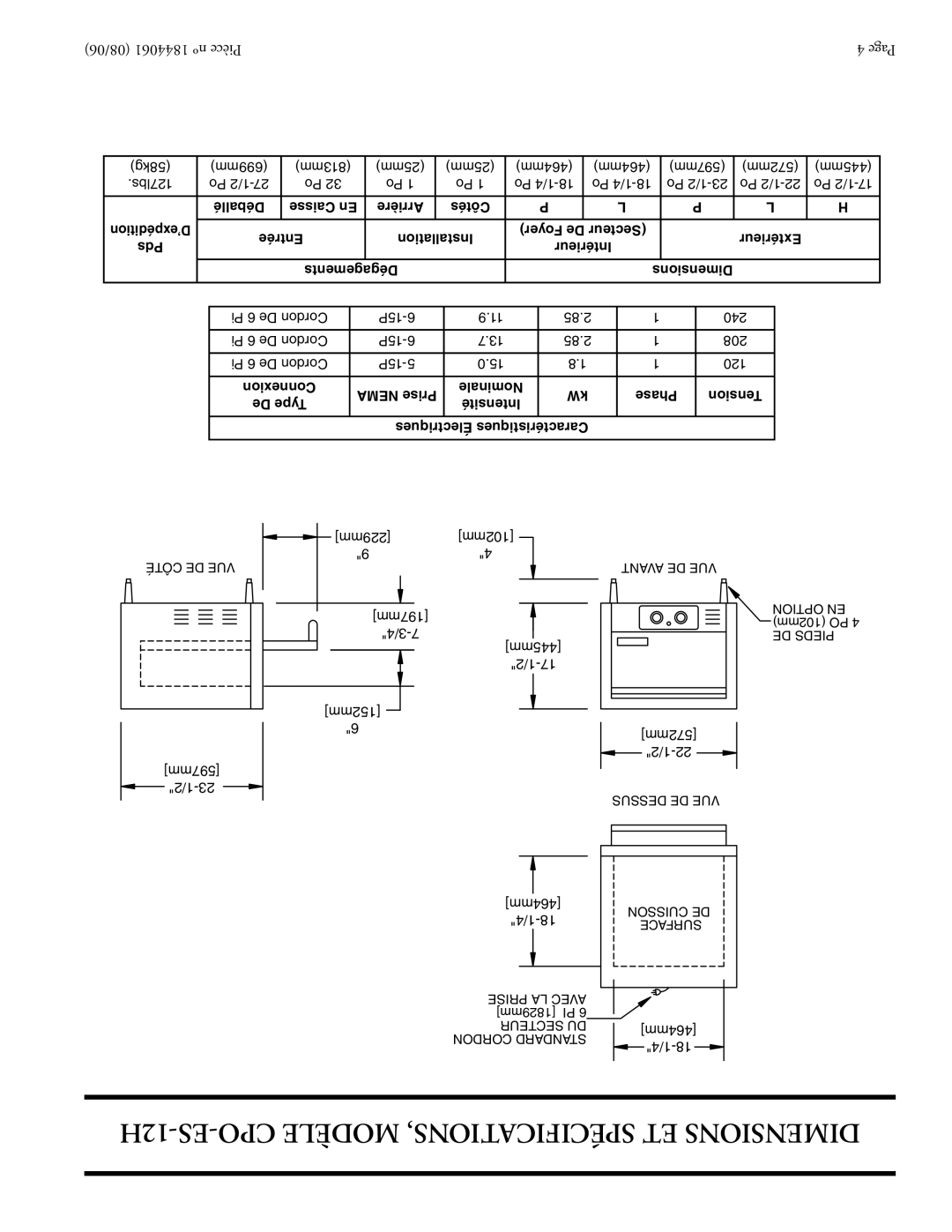 Garland CPO-ES-12H, CPO-ED-24H, CPO-ED-12H installation instructions 12H-ES-CPO Modèle SPÉCIFICATIONS, ET Dimensions 