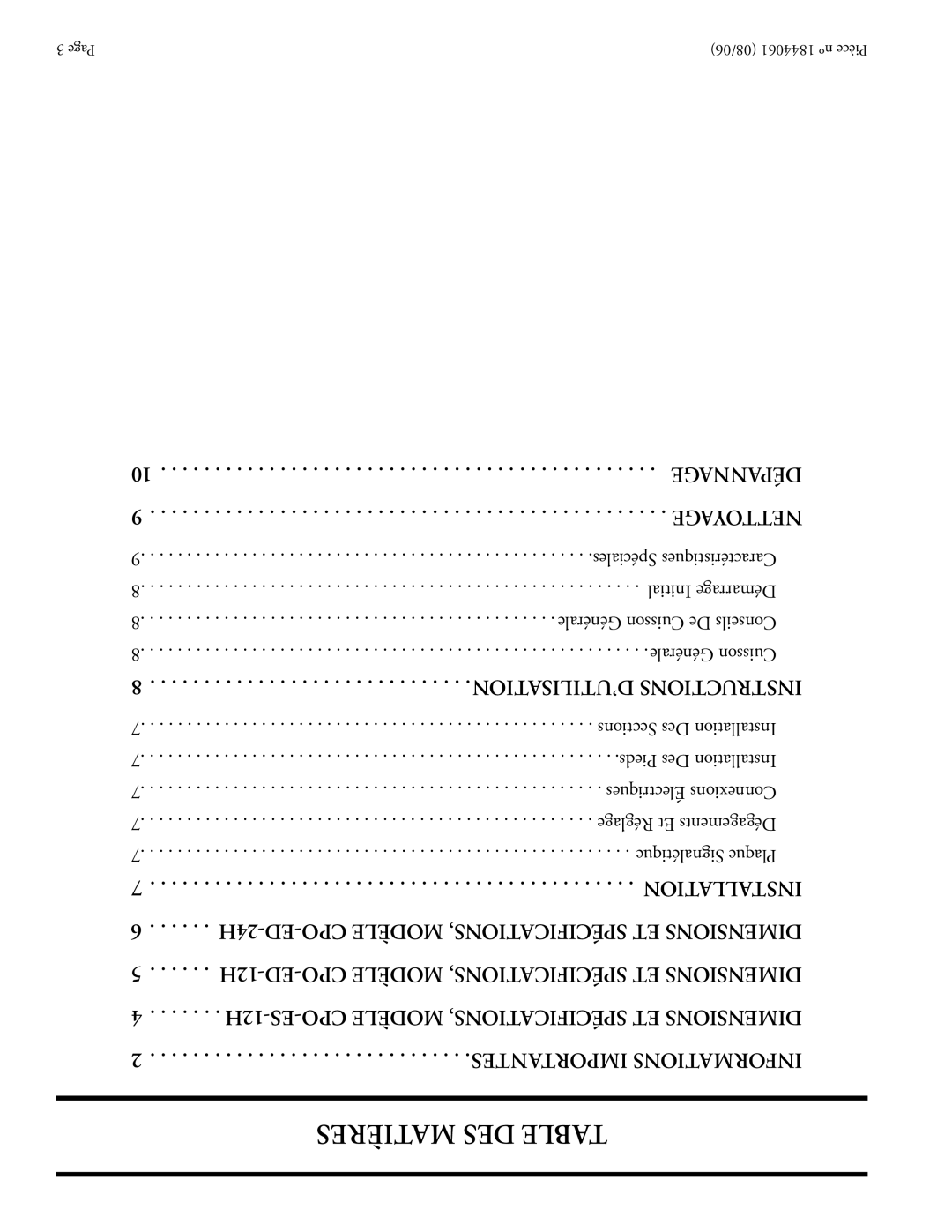 Garland CPO-ED-24H, CPO-ED-12H, CPO-ES-12H installation instructions Matières DES Table, Importantes Informations 