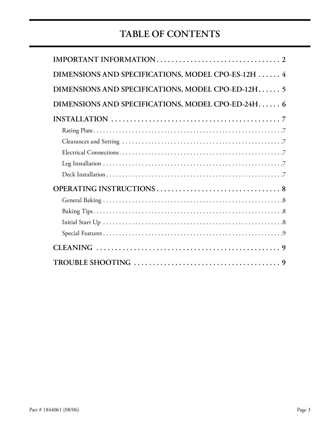 Garland CPO-ED-24H, CPO-ED-12H, CPO-ES-12H installation instructions Table of Contents 