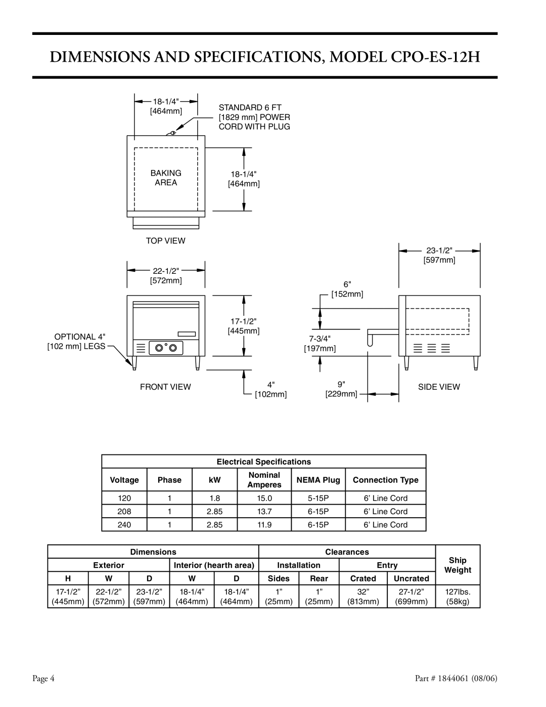 Garland CPO-ED-12H, CPO-ED-24H installation instructions Dimensions and SPECIFICATIONS, Model CPO-ES-12H, Front View 