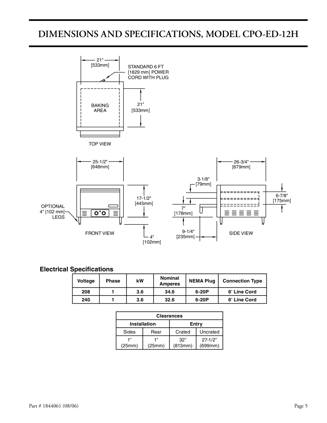 Garland CPO-ES-12H, CPO-ED-24H Dimensions and SPECIFICATIONS, Model CPO-ED-12H, Electrical Speciﬁcations 