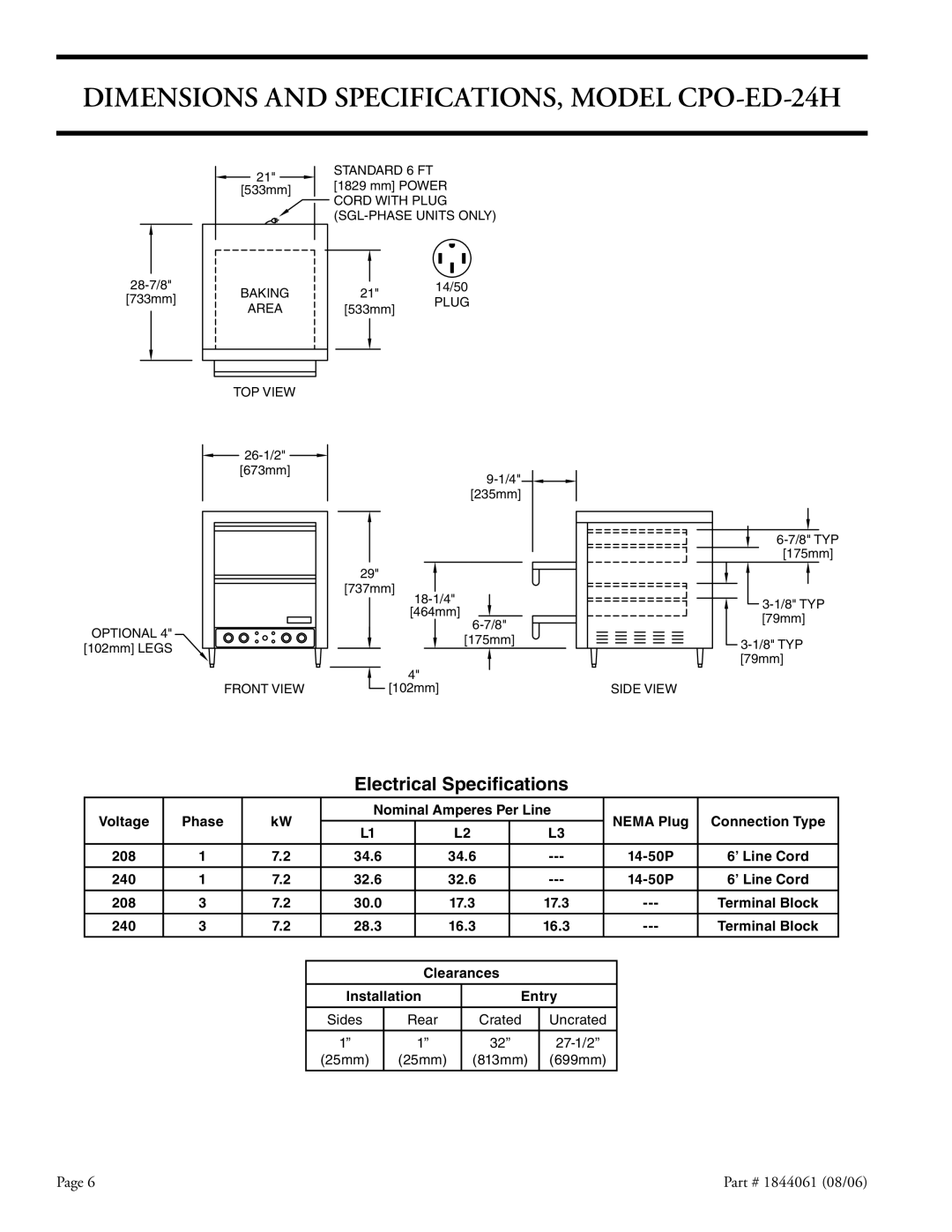 Garland CPO-ED-12H, CPO-ES-12H installation instructions Dimensions and SPECIFICATIONS, Model CPO-ED-24H 