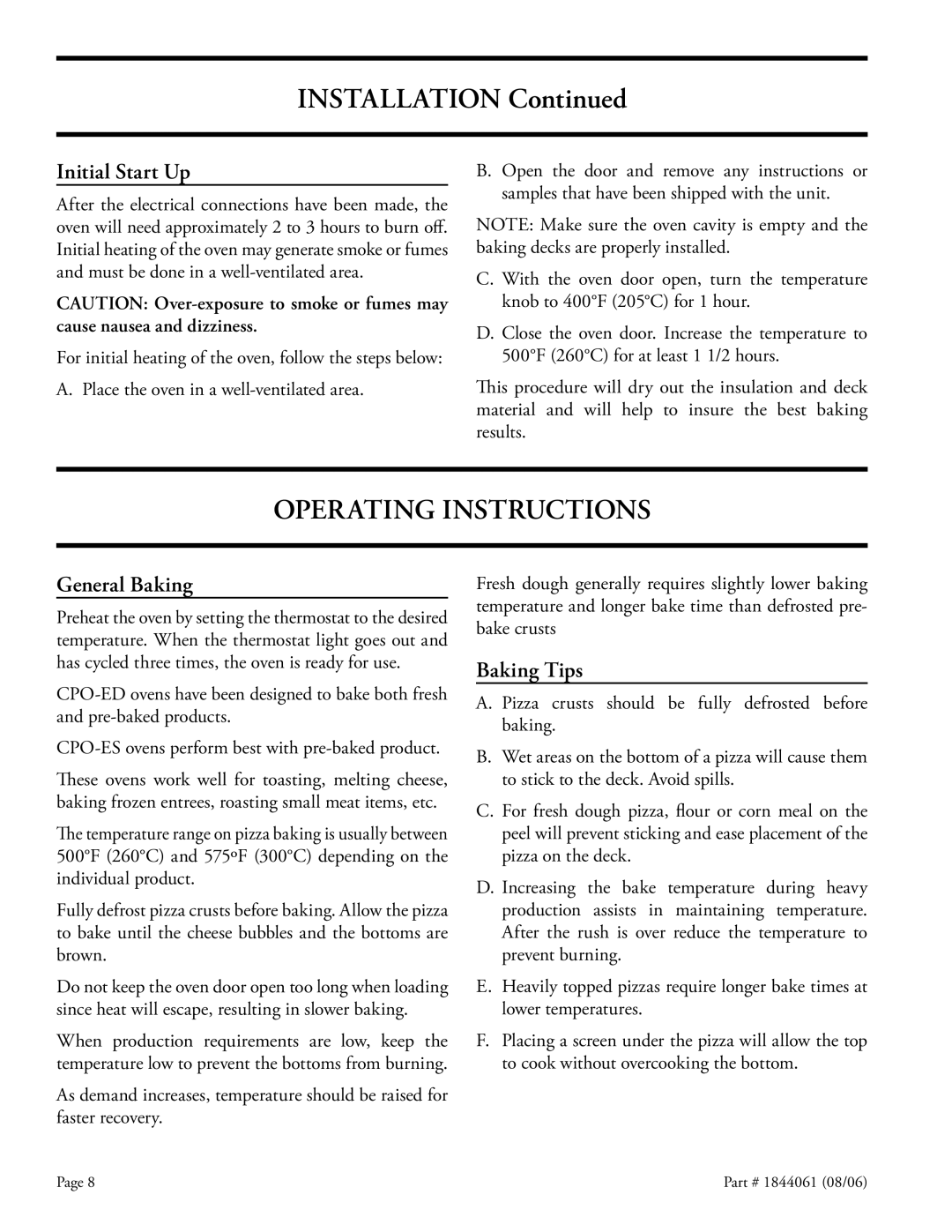 Garland CPO-ES-12H, CPO-ED-24H, CPO-ED-12H Operating Instructions, Initial Start Up, General Baking, Baking Tips 