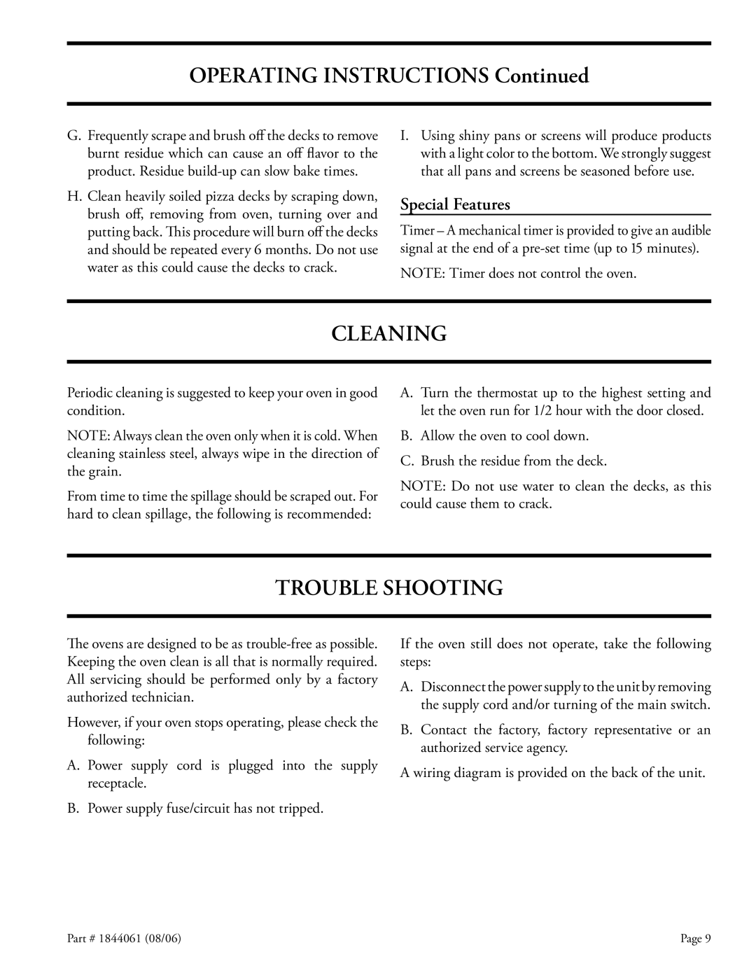 Garland CPO-ED-24H, CPO-ED-12H, CPO-ES-12H installation instructions Cleaning, Trouble Shooting, Special Features 