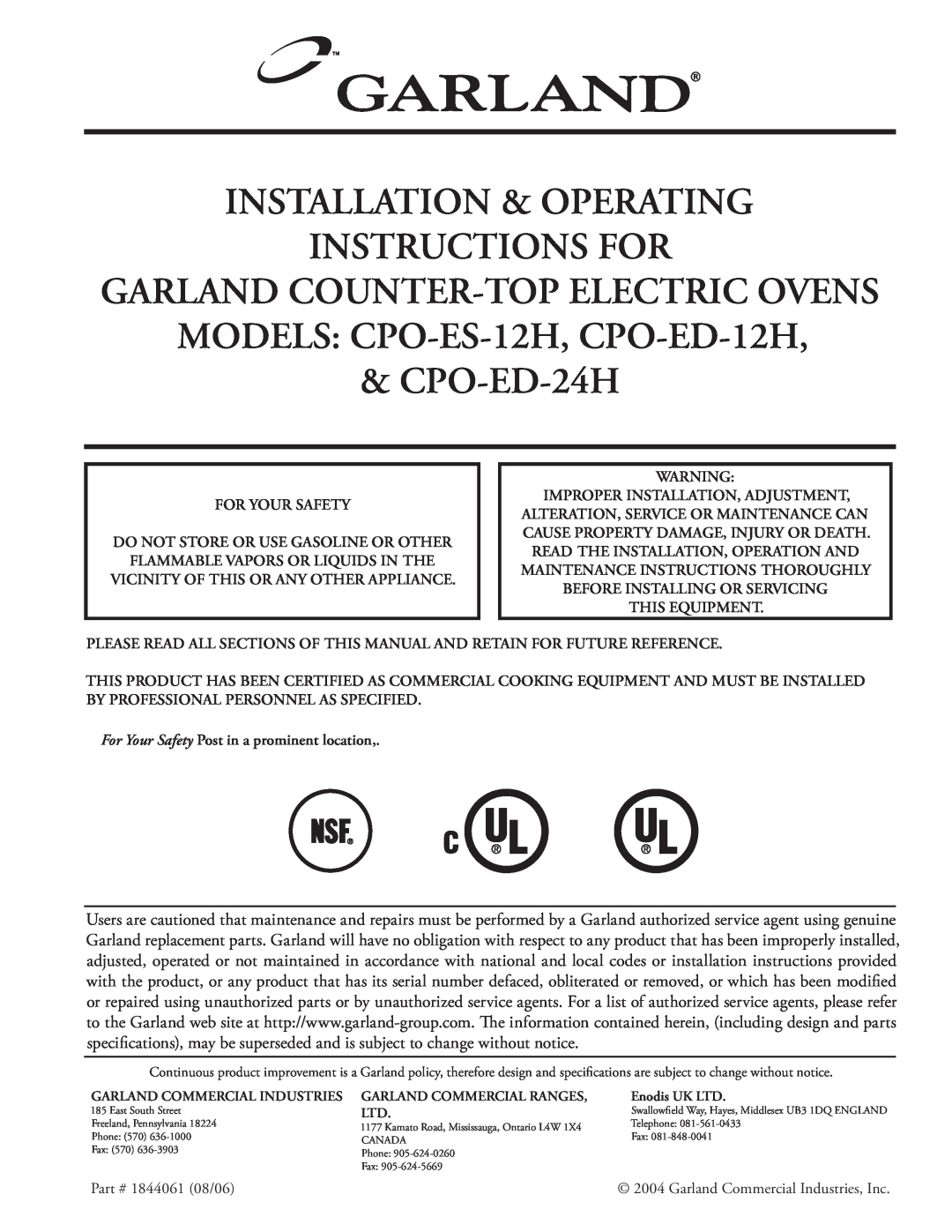 Garland CPO-ED-12H, CPO-ES-12H installation instructions Installation & Operating Instructions For, CPO-ED-24H 