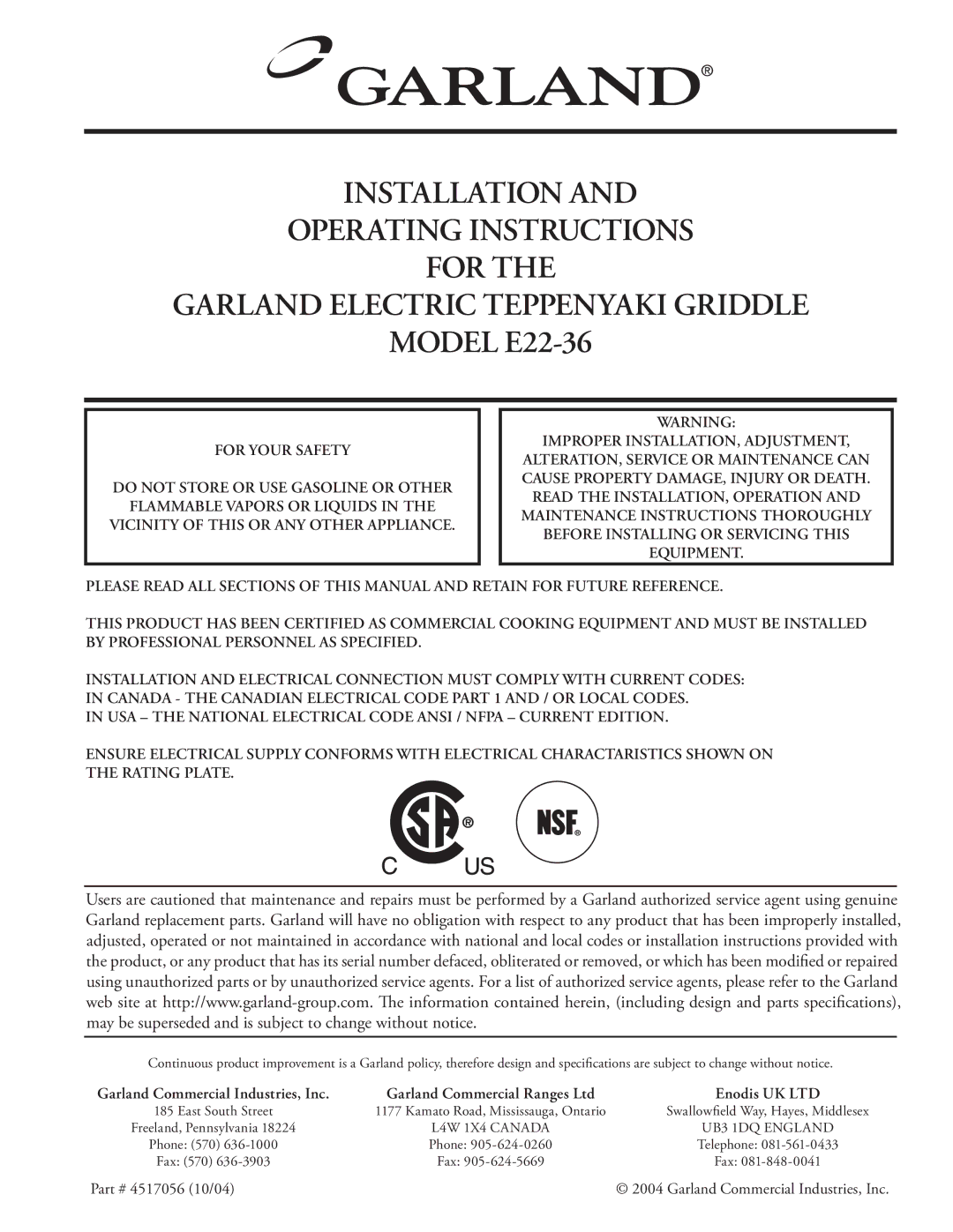 Garland installation instructions Model E22-36 