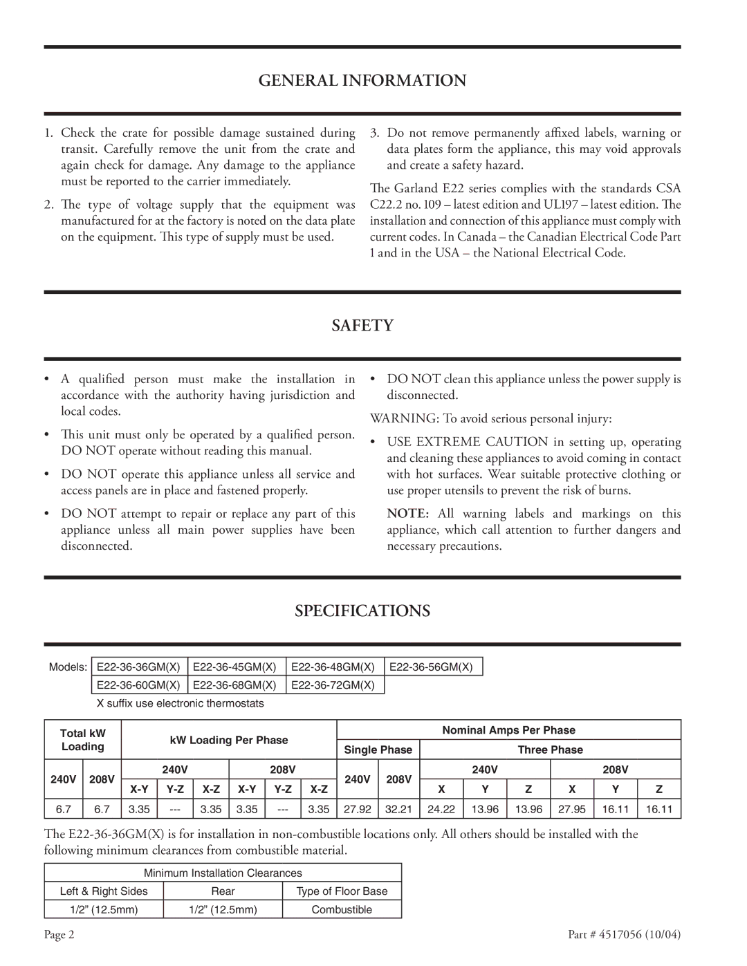 Garland E22-36 installation instructions General Information, Safety, Specifications 