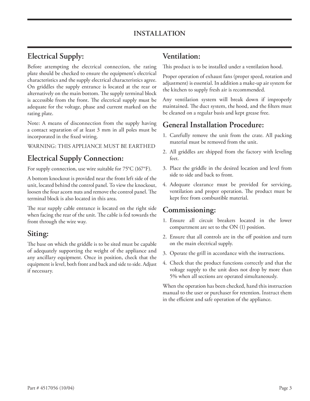 Garland E22-36 Electrical Supply Connection, Siting, Ventilation, General Installation Procedure, Commissioning 