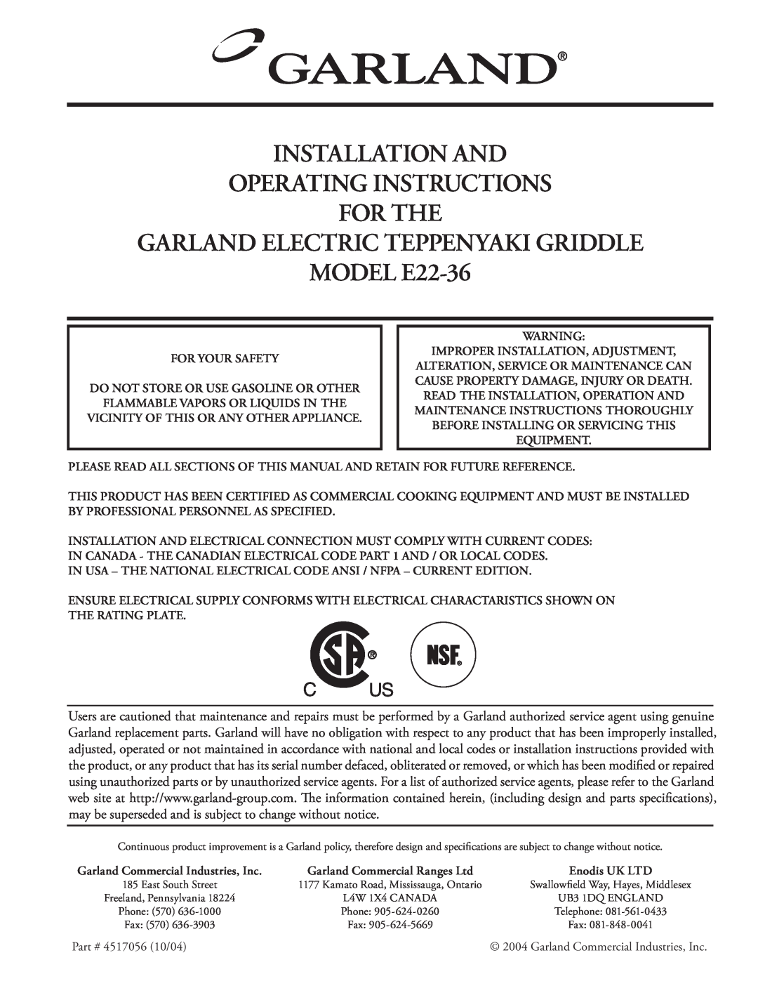 Garland E22-36 installation instructions Installation And Operating Instructions For The 