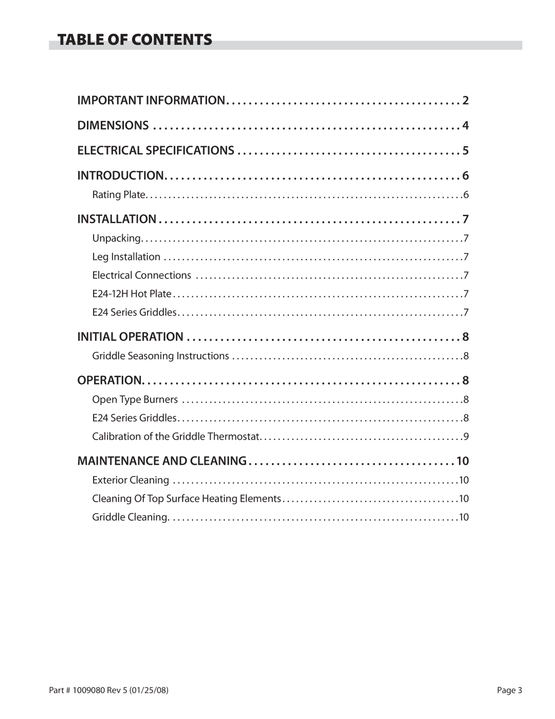 Garland E24-36G, E24-72G, E24-48G, E24-60G, E24-24G, E24-12H operation manual Table of Contents 